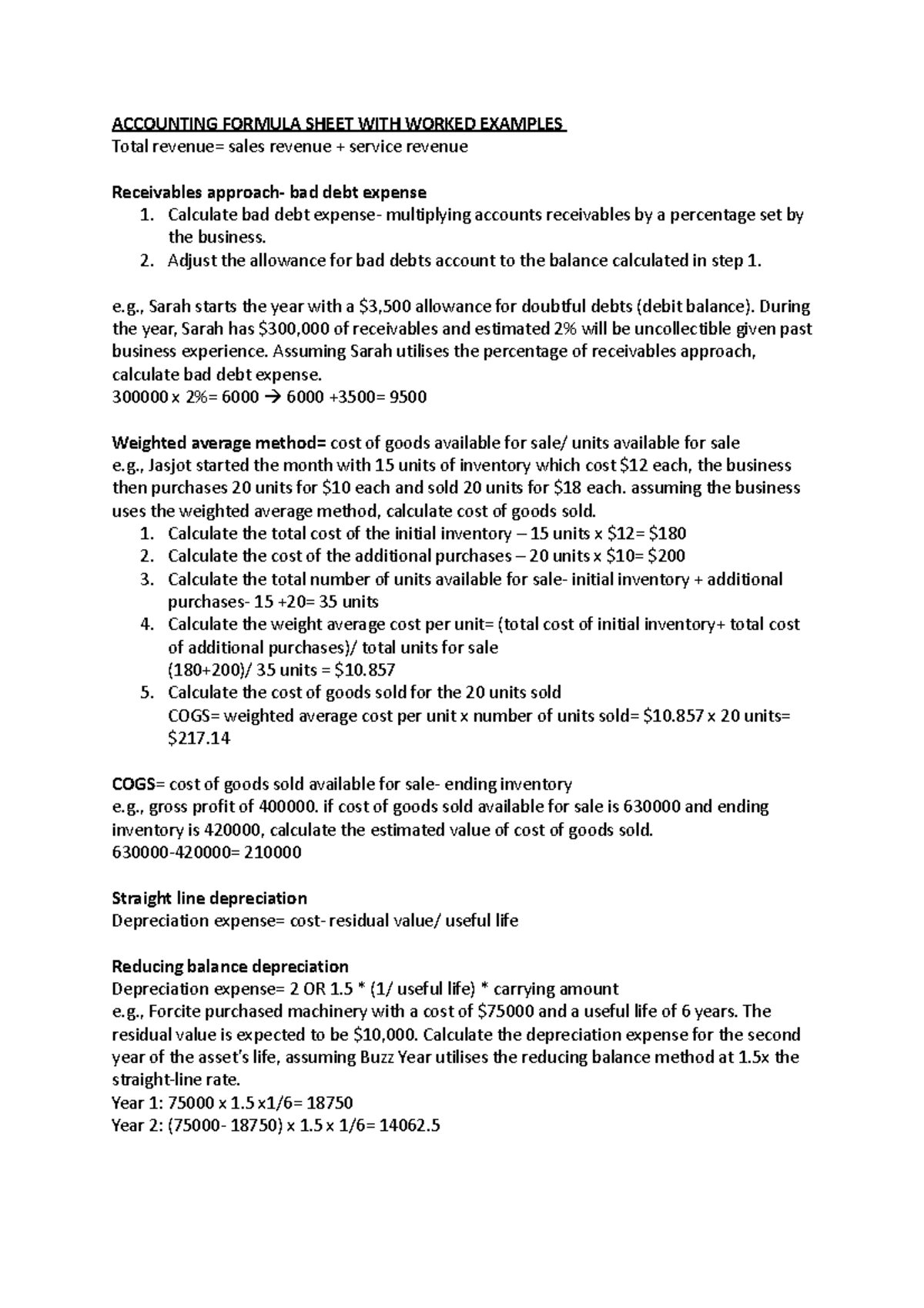 Accounting Formula Sheet WITH Worked Examples - ACCOUNTING FORMULA ...