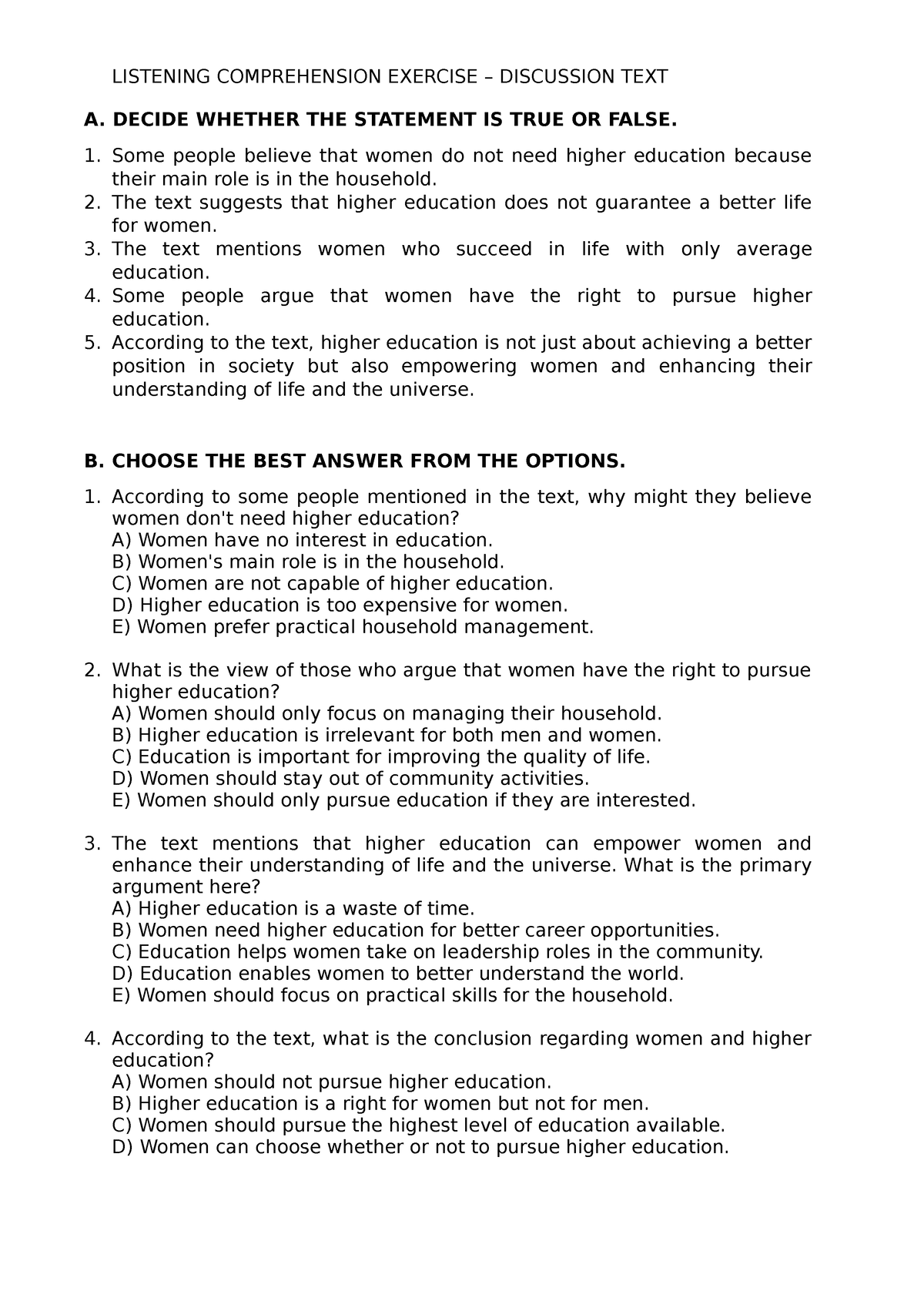 Listening Comprehension Discussion Text - LISTENING COMPREHENSION