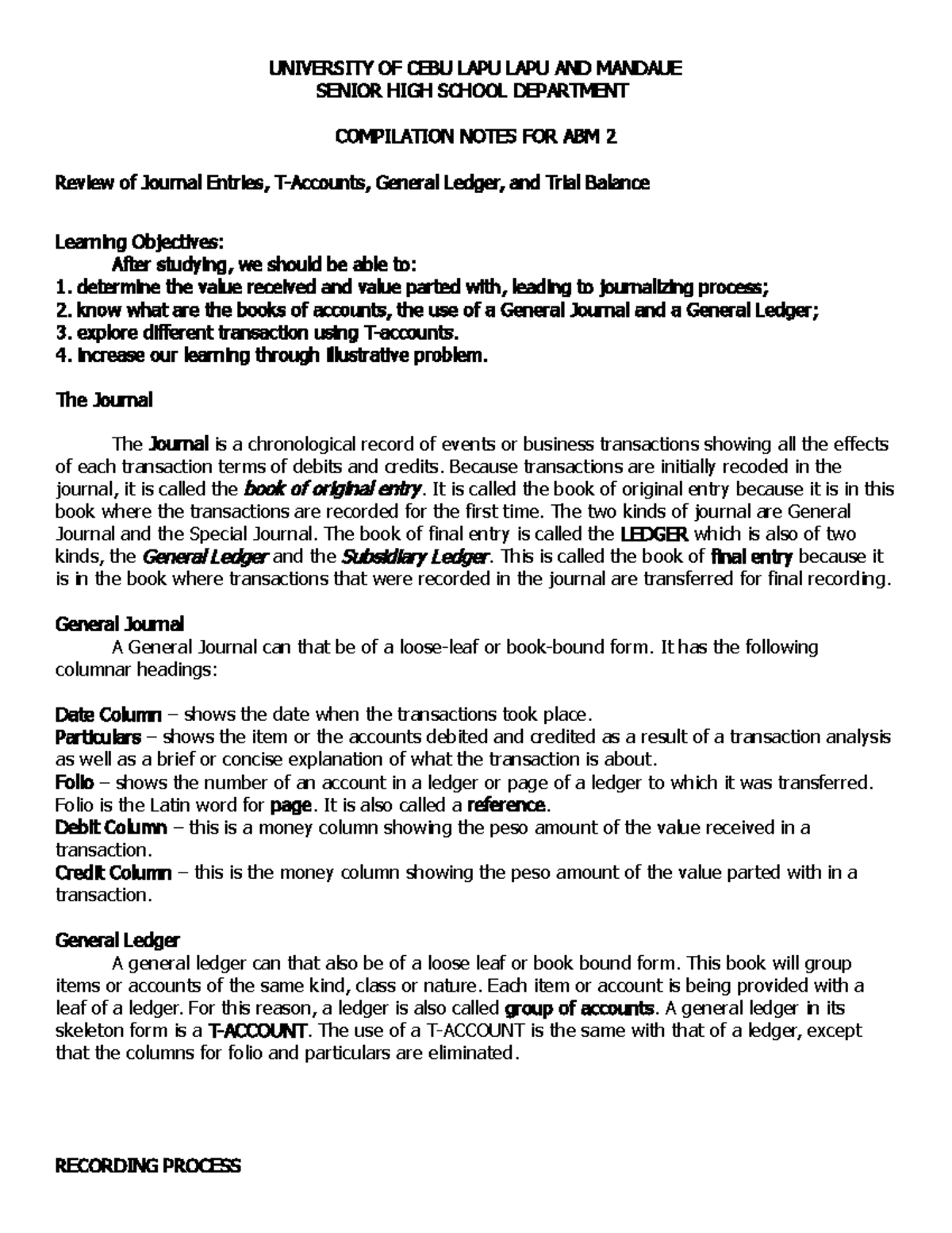 Compilation Notes on Journal Ledger and Trial Balance - UNIVERSITY OF ...