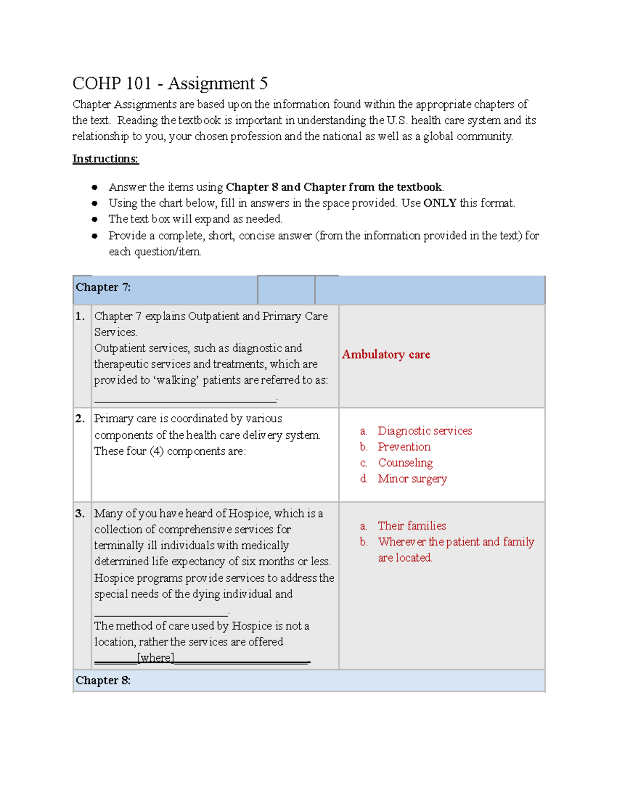 COHP 101 - Assignment 5 - lab - COHP 101 - Assignment 5 Chapter ...