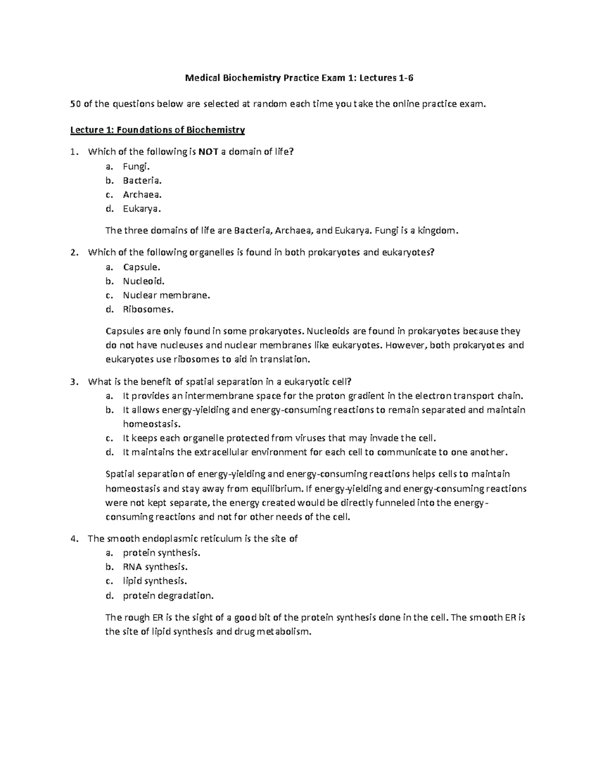 Biochem Practice Exam 1 Explanations - Medical Biochemistry Practice ...