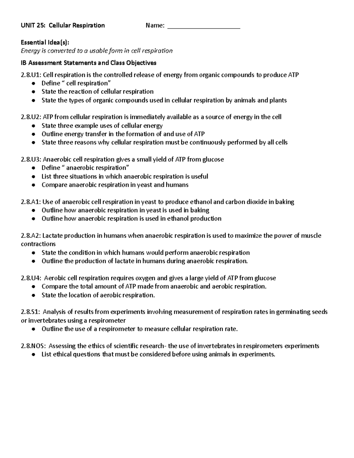 Unit 25 Cellular Respiration - UNIT 25: Cellular Respiration Name ...