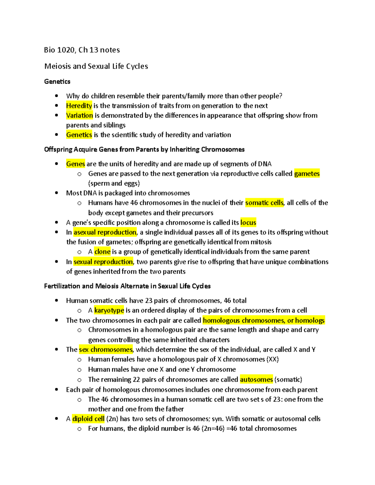 BIO 1020 Ch 13 Notes - Dr. Meghan Kelley - Bio 1020, Ch 13 Notes ...