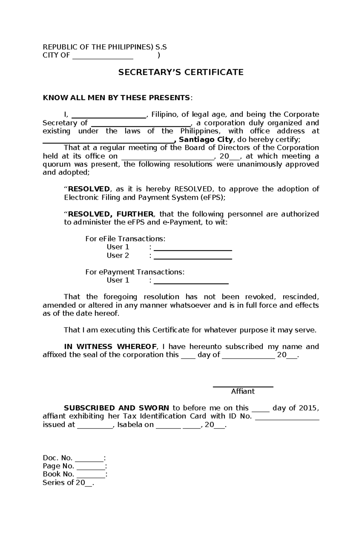 Secretary certificate efps - REPUBLIC OF THE PHILIPPINES) S CITY OF ...