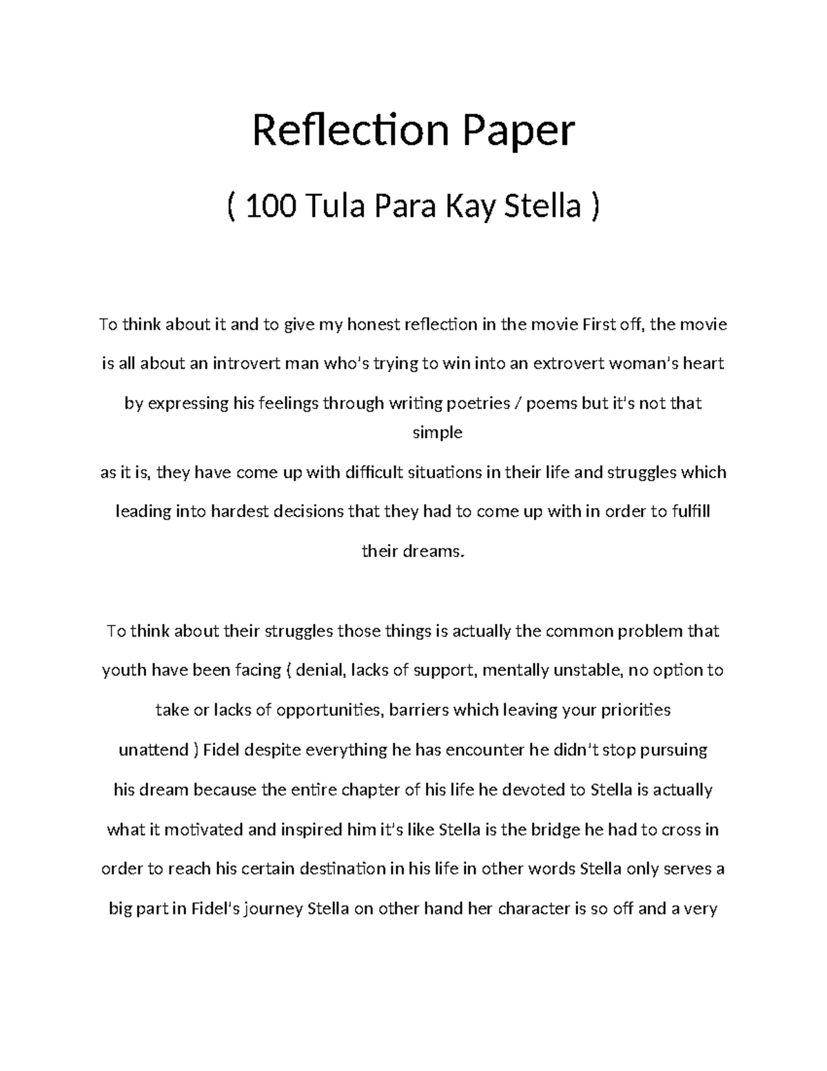 100 Tula Para Kay ( Stella Reaction Paper ) - Reflection Paper ( 100 ...