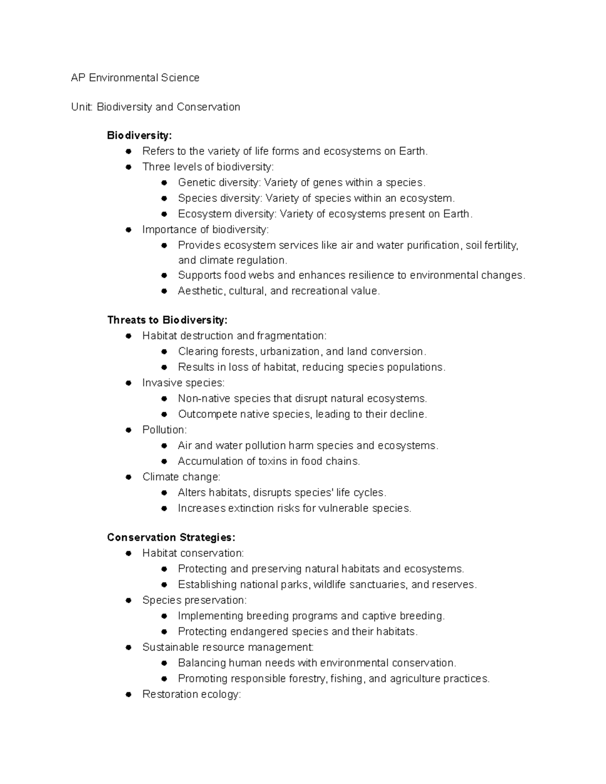 AP Environmental Science Biodiversity and Conservation AP