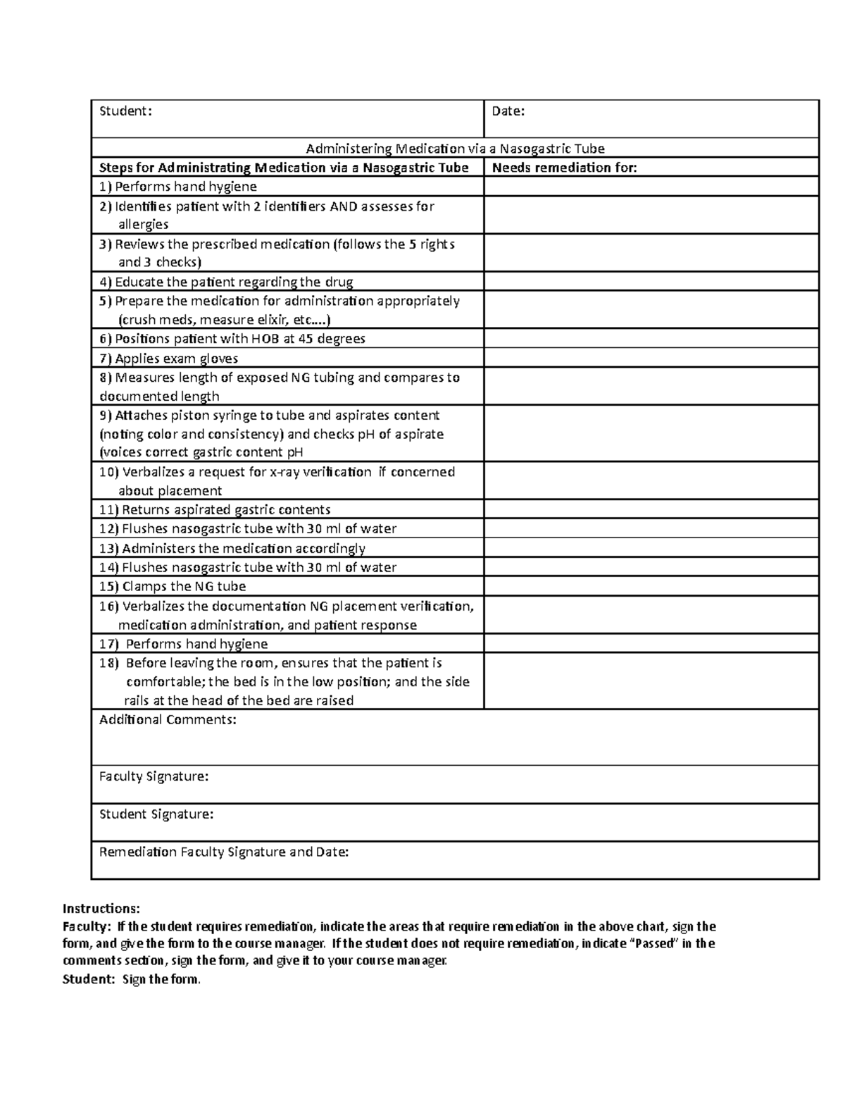 NG Med Admin(1) for clinical skills test - Student: Date: Administering ...