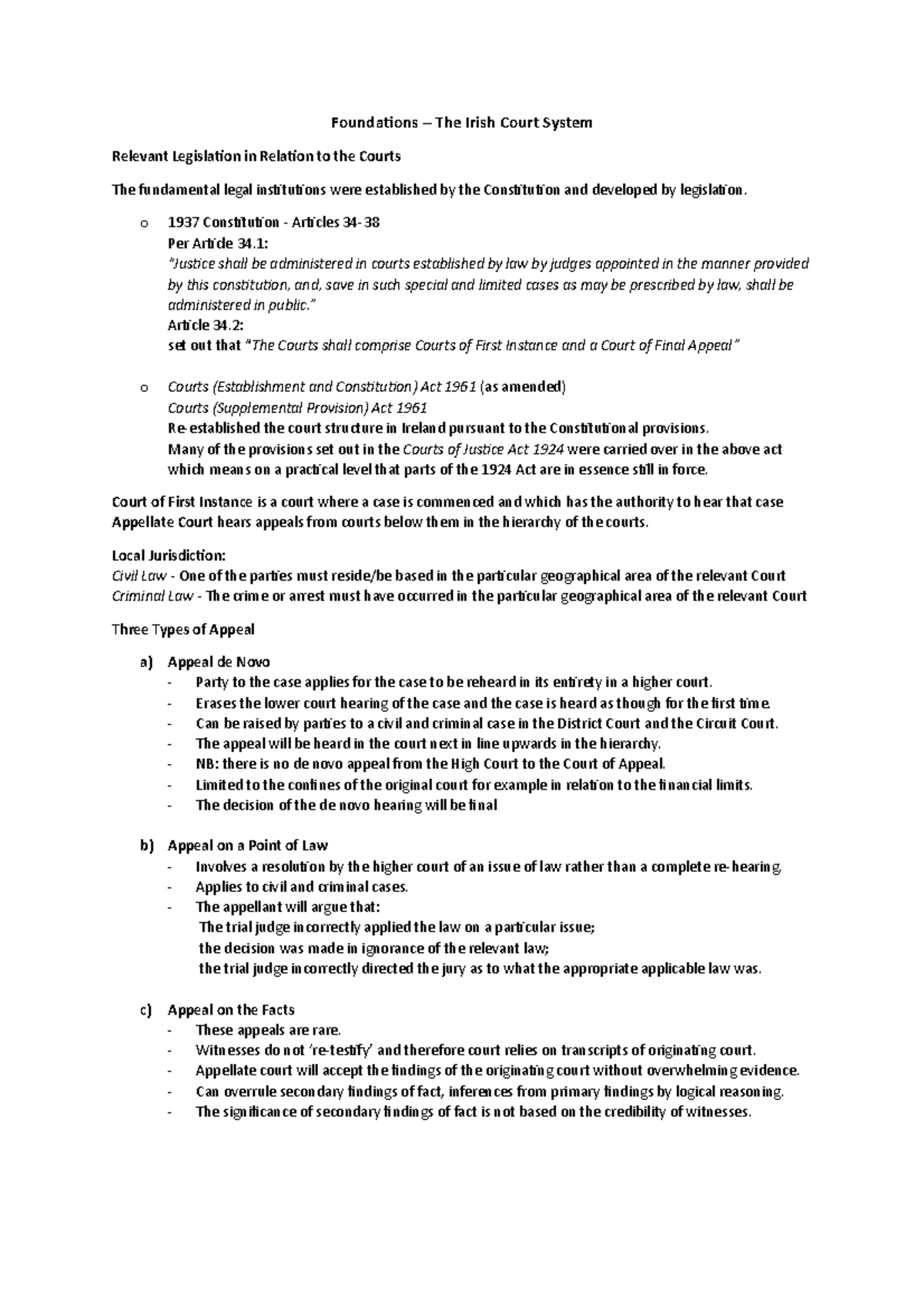 Foundations Notes The Court System Foundations The Irish Court