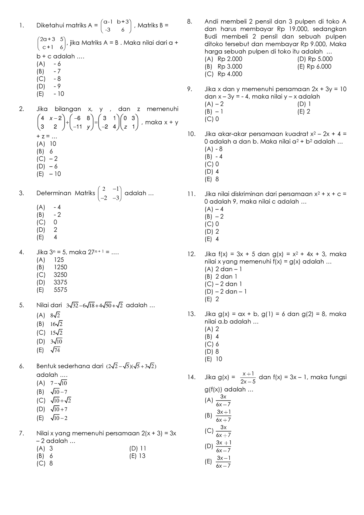 Soal TO 29 - 01 - 2023 - Good Luck - Diketahui Matriks A = A -1 B + 3 ...