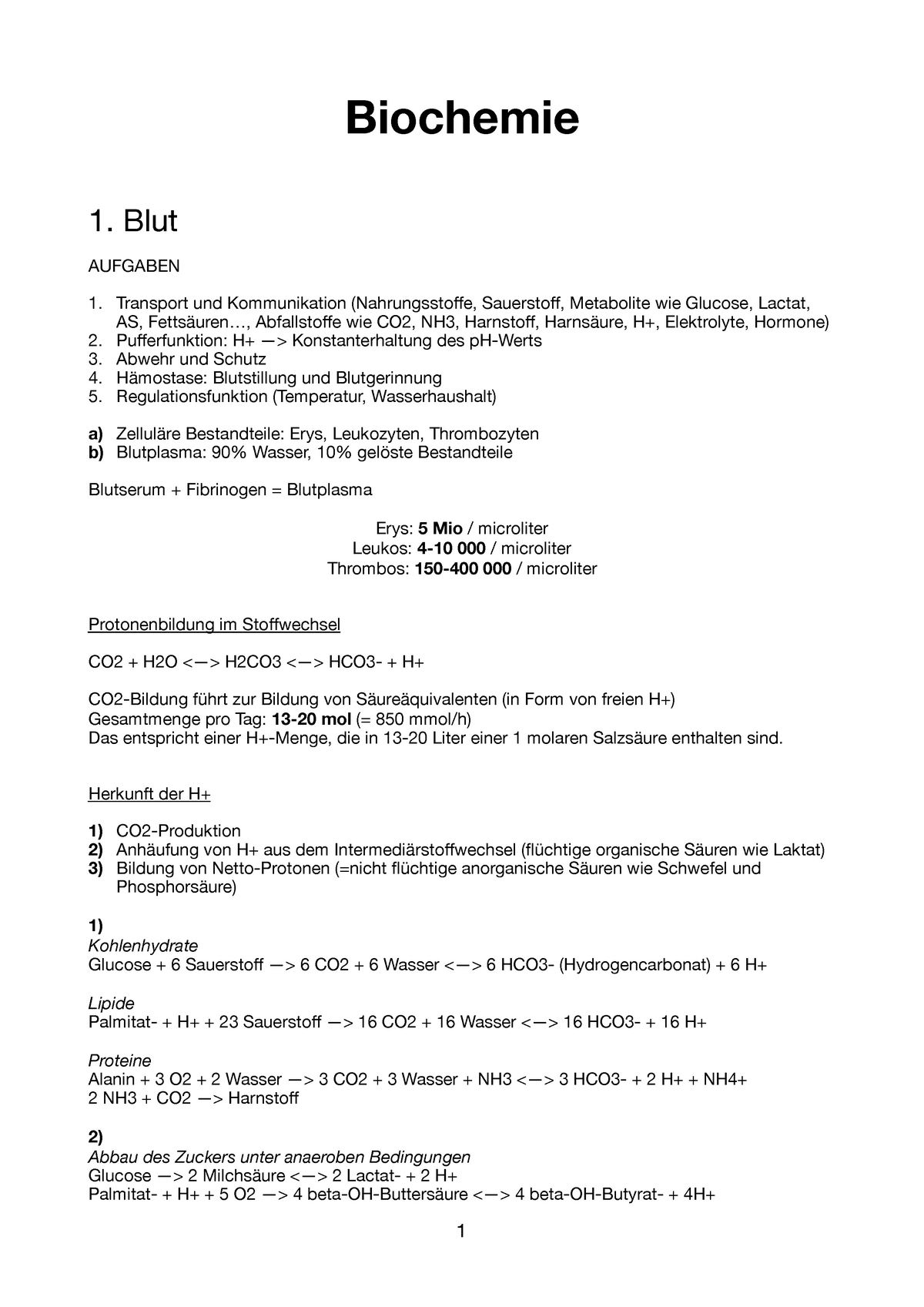 Biochemie ZF - Große Zusammenfassung - Biochemie 1. Blut AUFGABEN 1 ...