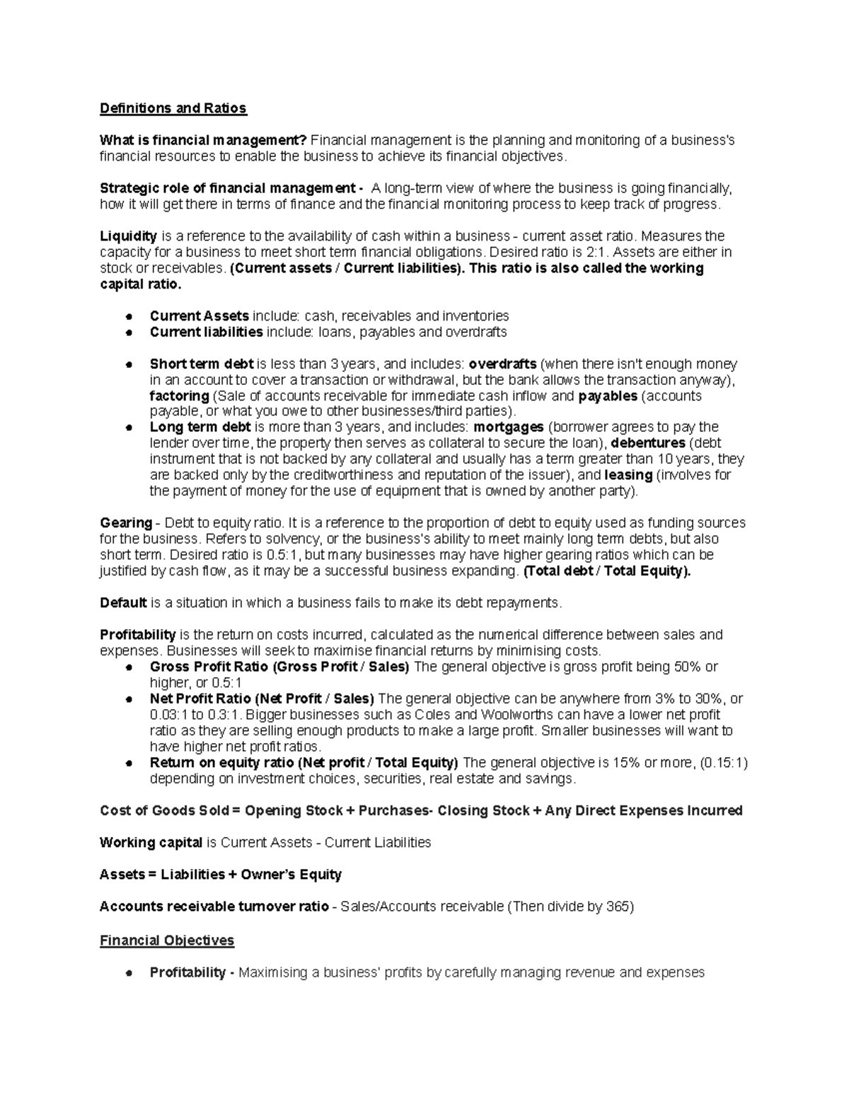 Business Study Notes - Definitions and Ratios What is financial ...