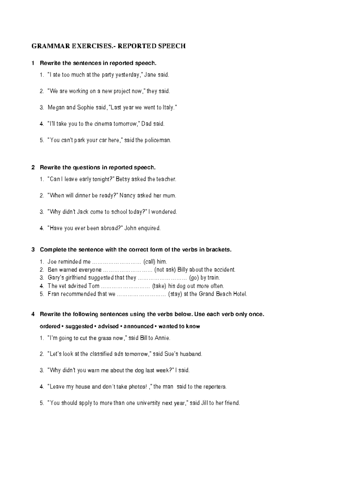 Reported speech exercises - GRAMMAR EXERCISES.- REPORTED SPEECH 1 ...