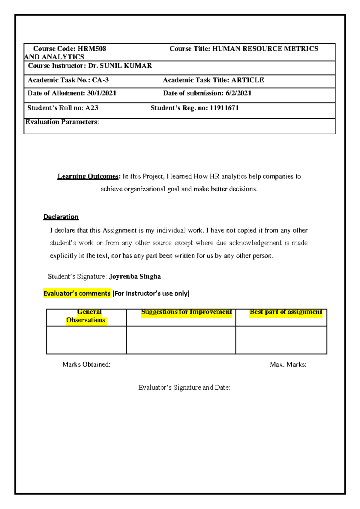 11911671 CA3asd - Course Code: HRM508 Course Title: HUMAN RESOURCE ...