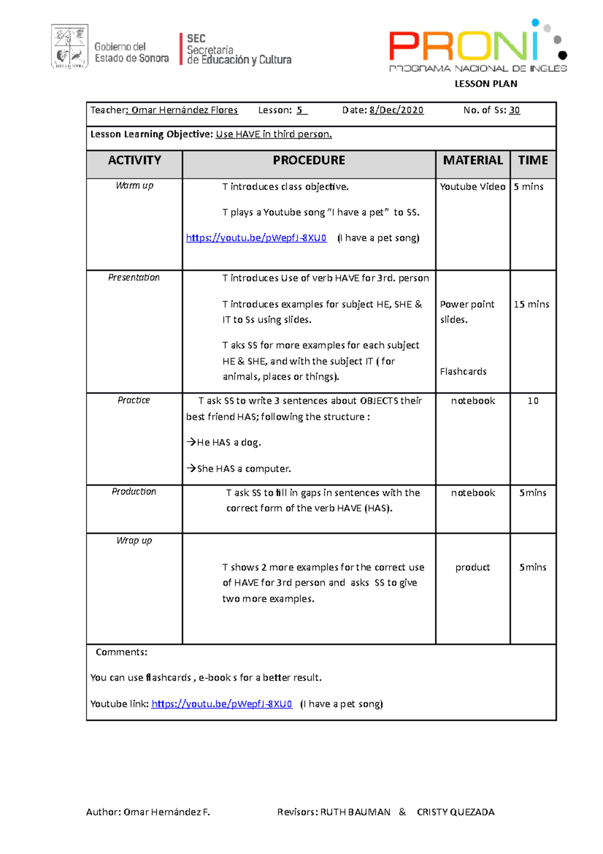 Lesson PLAN 2020 lesson 5- HAVE-3rd person - LESSON PLAN Teacher: Omar ...