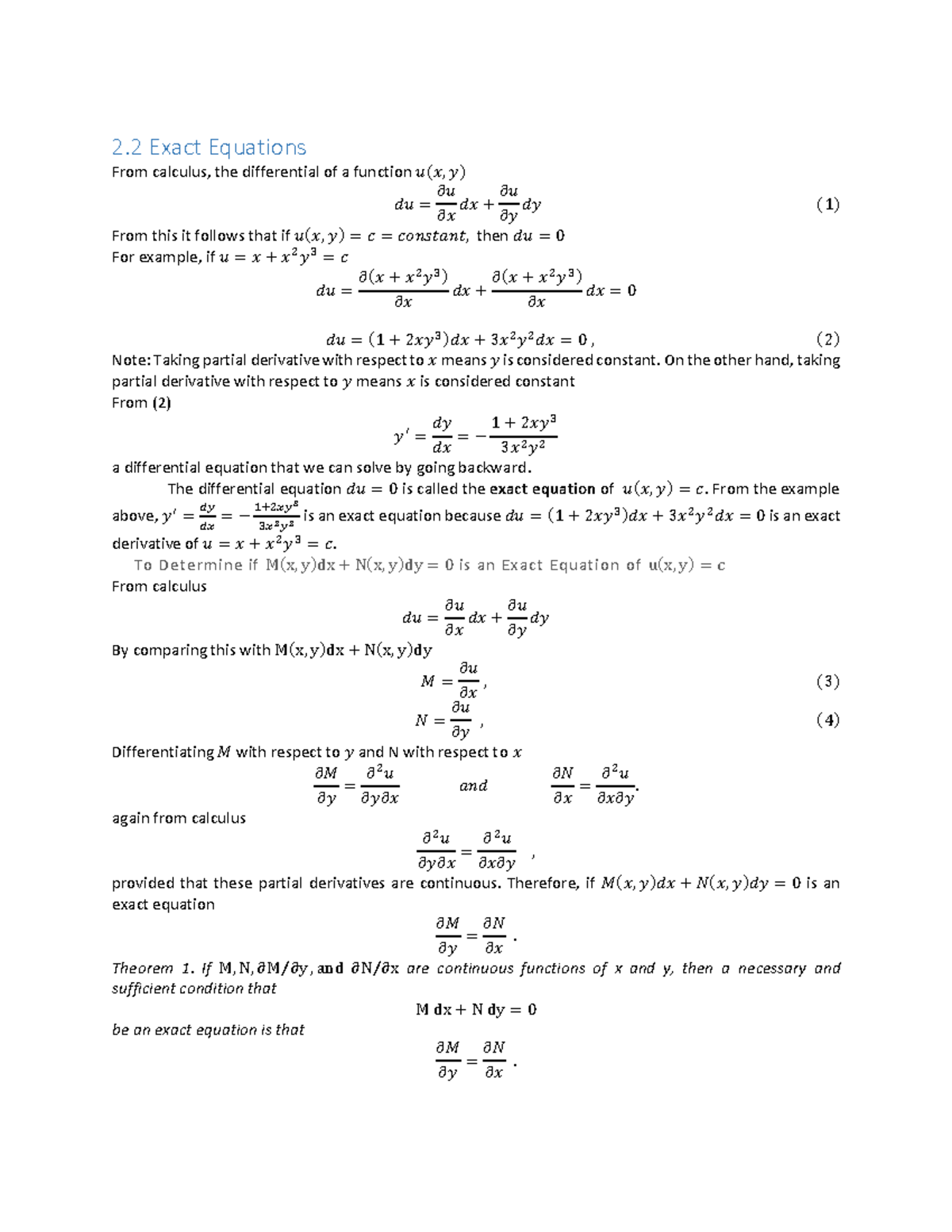 2 - Yeah - 2 Exact Equations From calculus, the differential of a ...