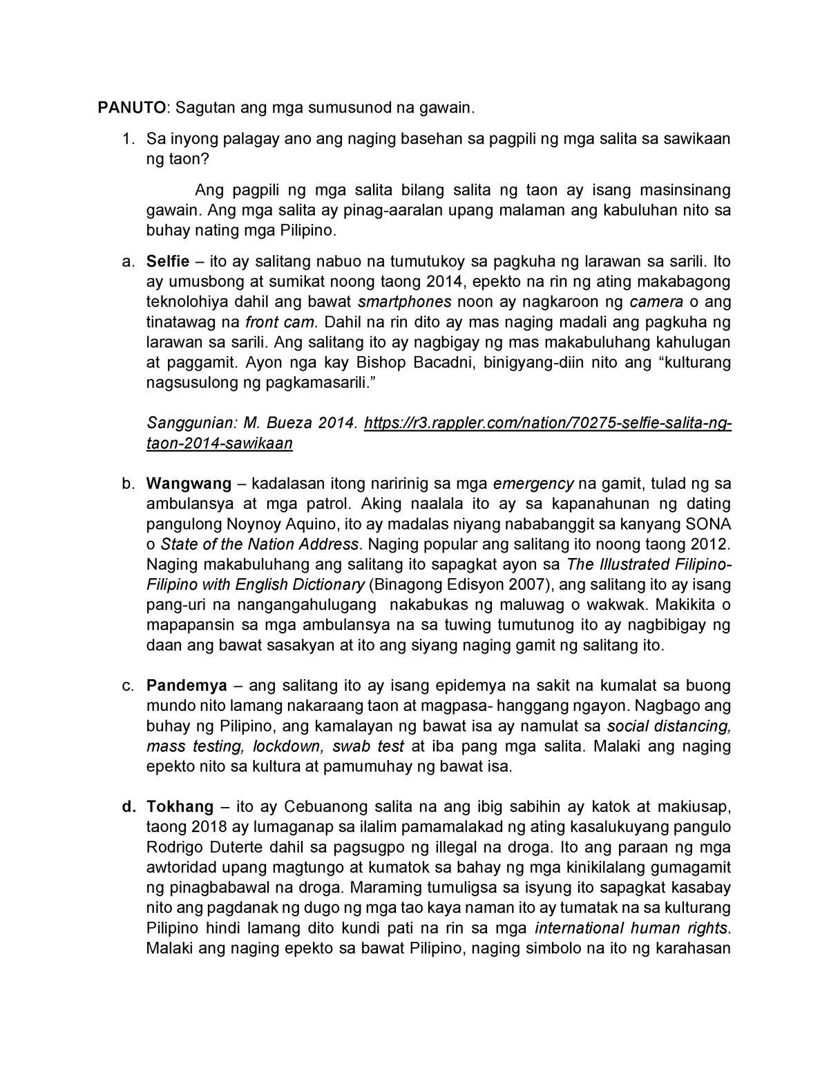 Modyul Ii Assessment Salita Ng Taon Panuto Sagutan Ang Mga Sumusunod Na Gawain Sa Inyong 9924