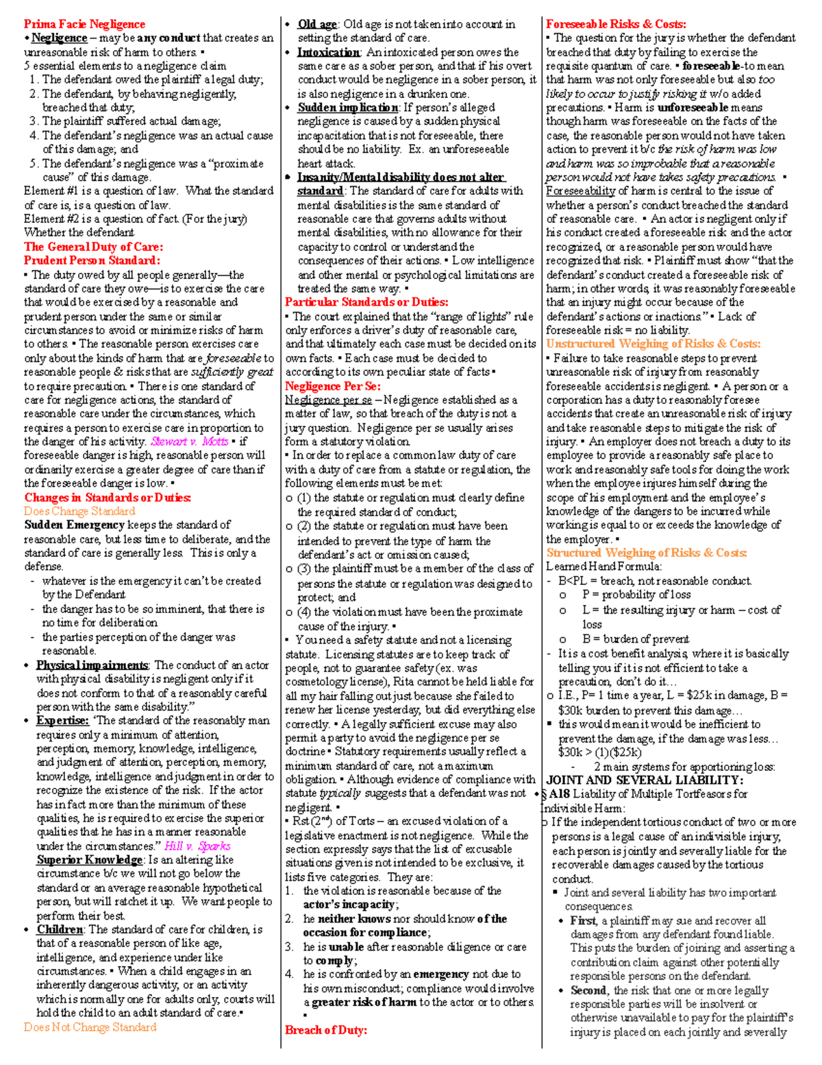 Condensed Negligence sheet - Prima Facie Negligence Negligence – may be ...