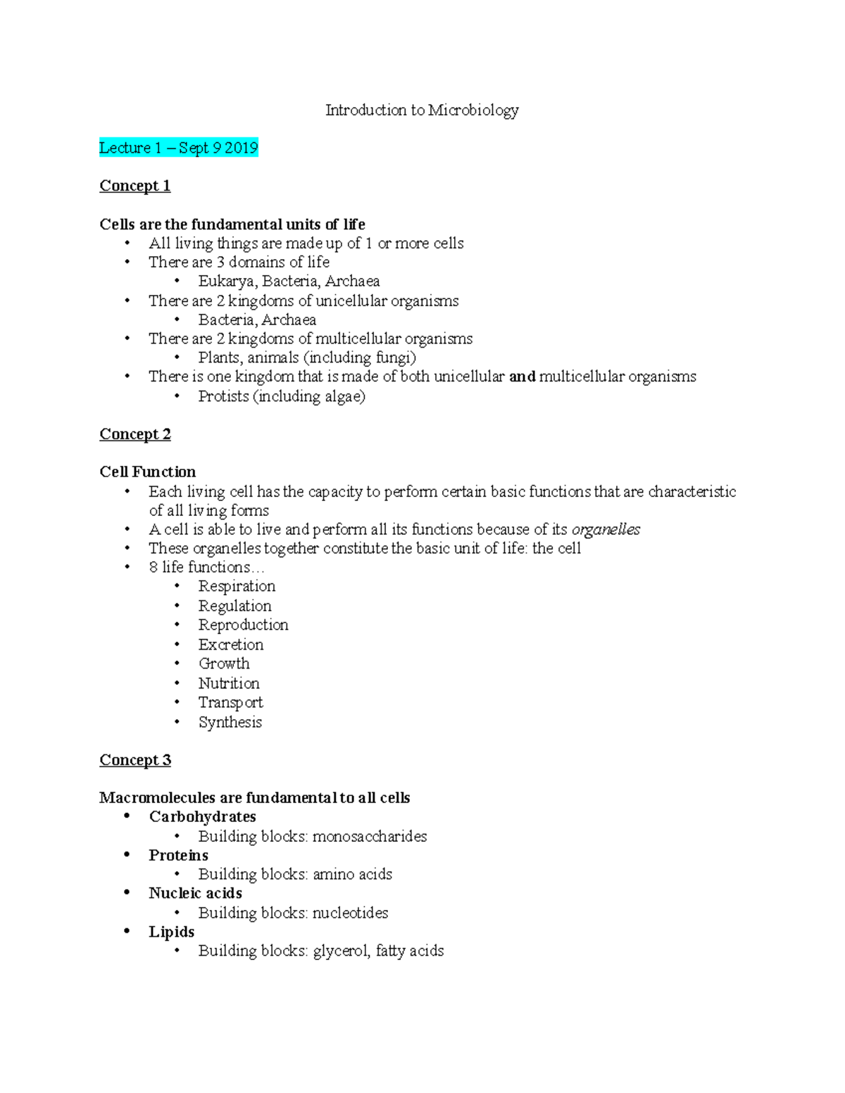 Microbiology Notes - Introduction to Microbiology Lecture 1 – Sept 9 ...