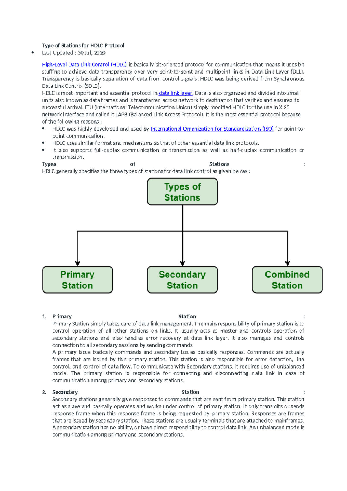 Type of Stations for HDLC Protocol - Transparency is basically ...
