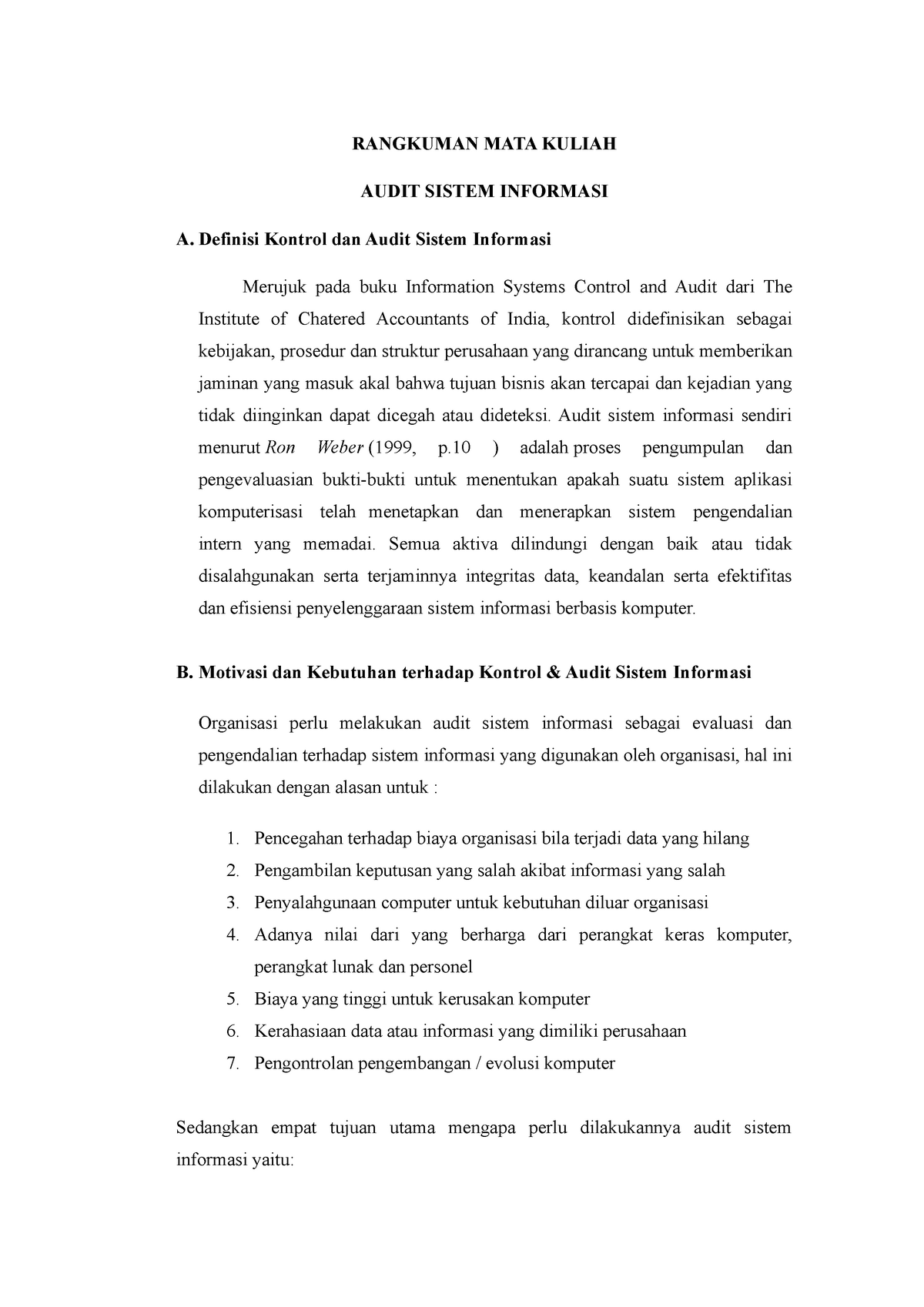 RANGKUMAN MATA KULIAH AUDIT SISTEM INFORMASI  Definisi Kontrol dan