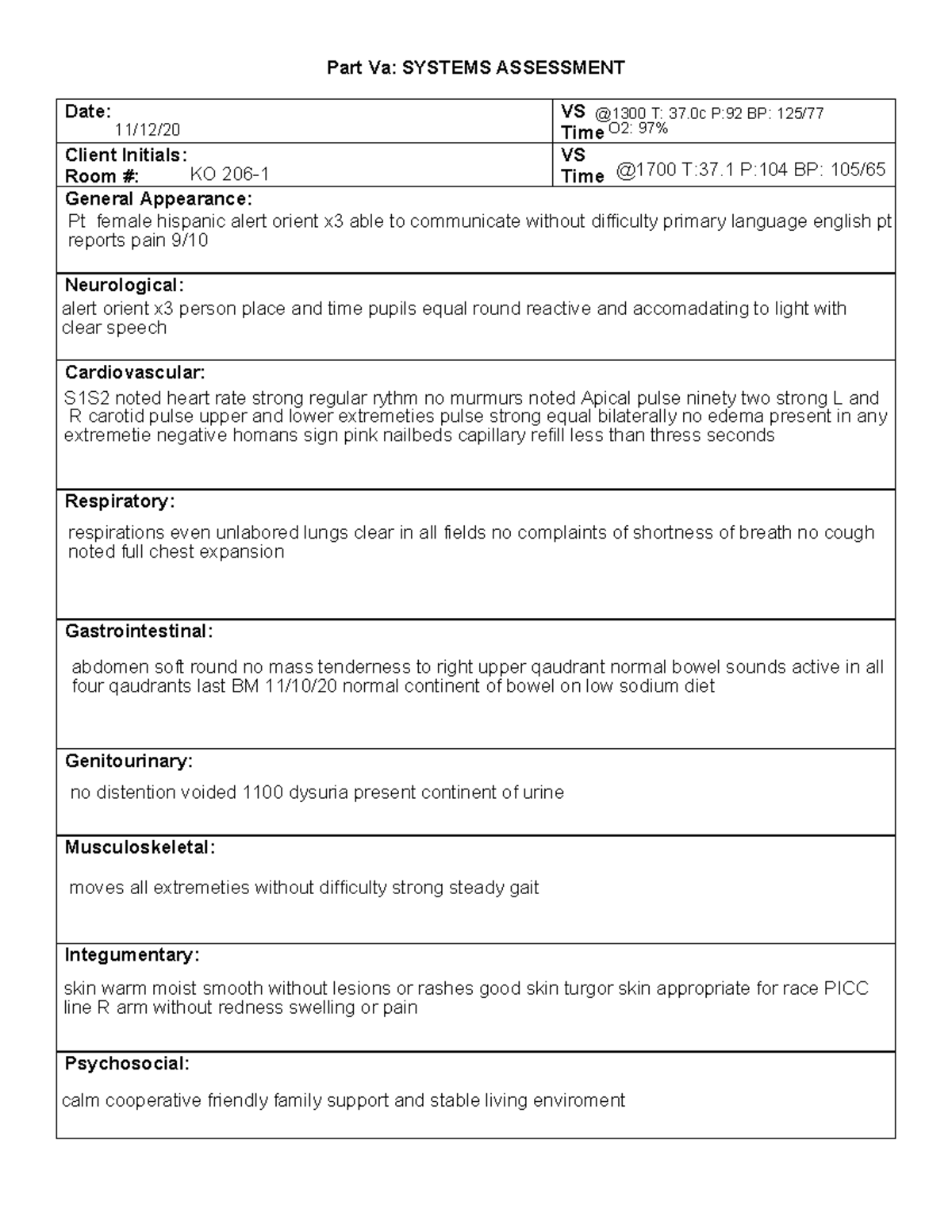 VNRS B69 L Systems Assessment and Nursing Notesweek 412 - Part Va ...