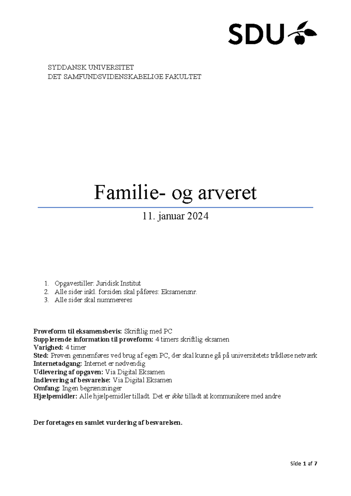 Familie- Og Arveret Eksamensopgave Jan 2024 - SYDDANSK UNIVERSITET DET ...