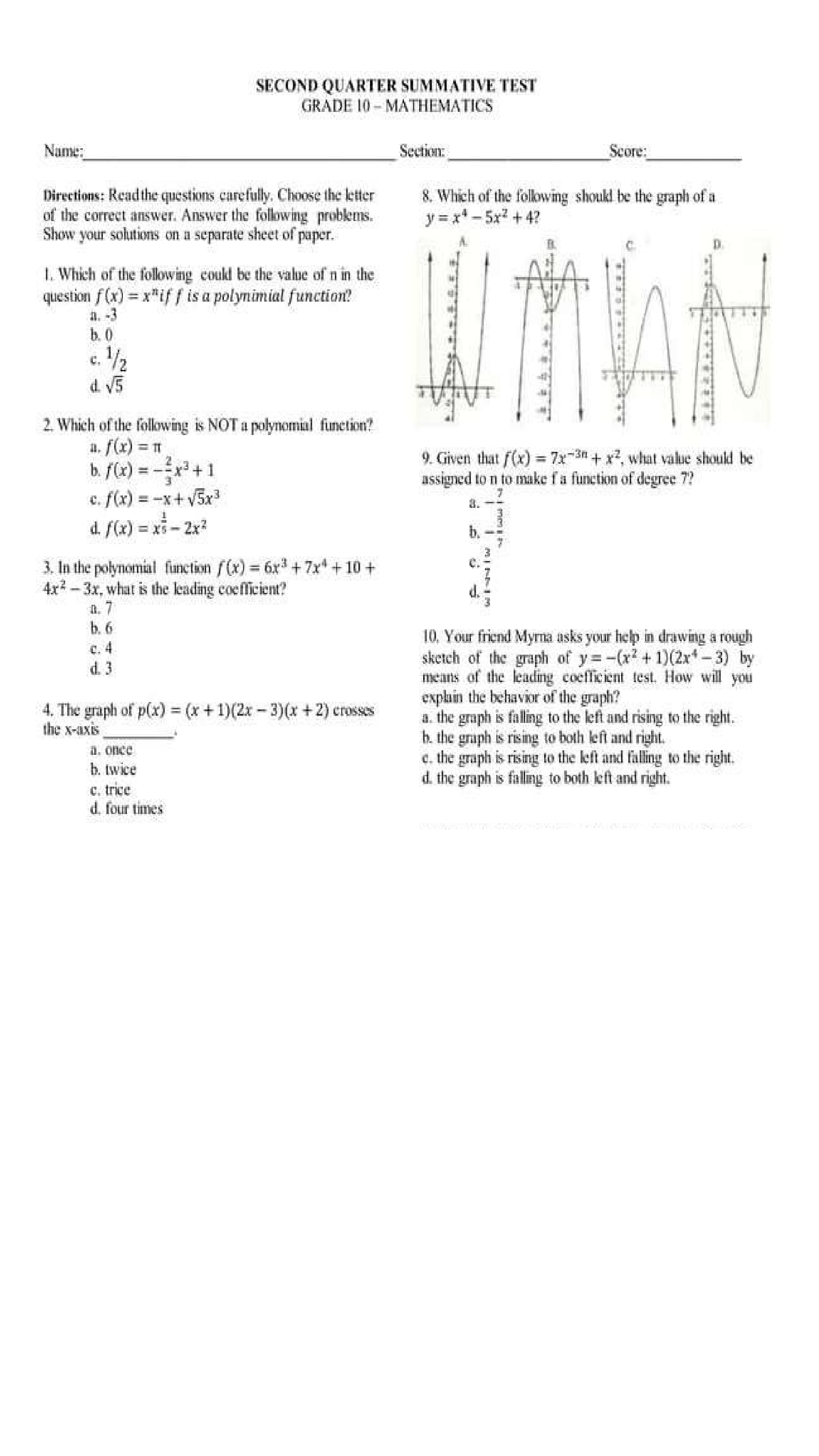 Second Quarter Math 10 Summative Test - Bsed-mathematics - Studocu