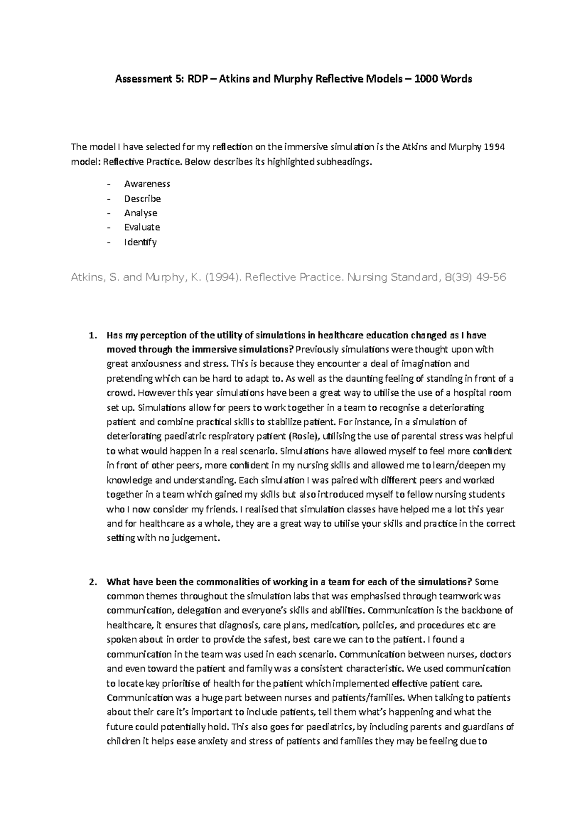 Assessment 5 Reflective Sim - Assessment 5: RDP – Atkins and Murphy ...