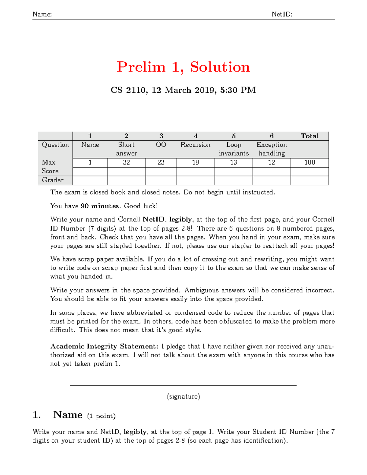 P1cs2110sp19a - Past Prelim 1 Solutions From CS 2110 Taught By ...