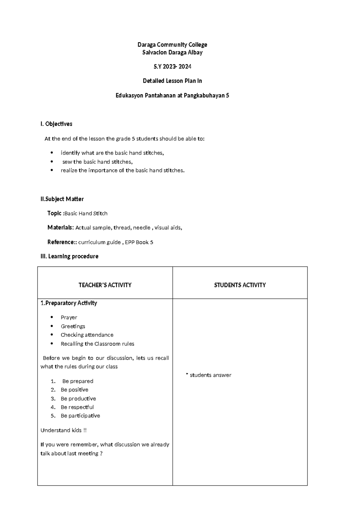 DLP IN TLE - dlp in tle grade 4 basic hand stith - Daraga Community ...