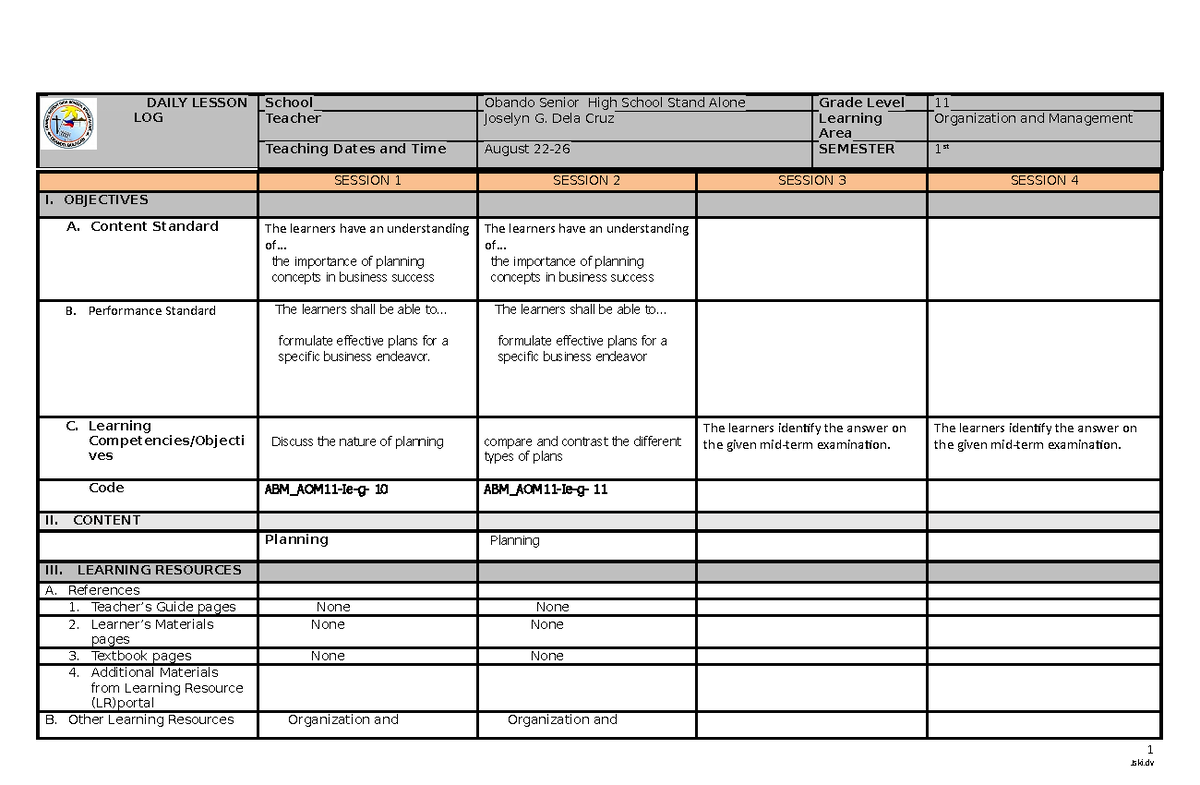 August 22-26 sad fsdef d - DAILY LESSON LOG School Obando Senior High ...