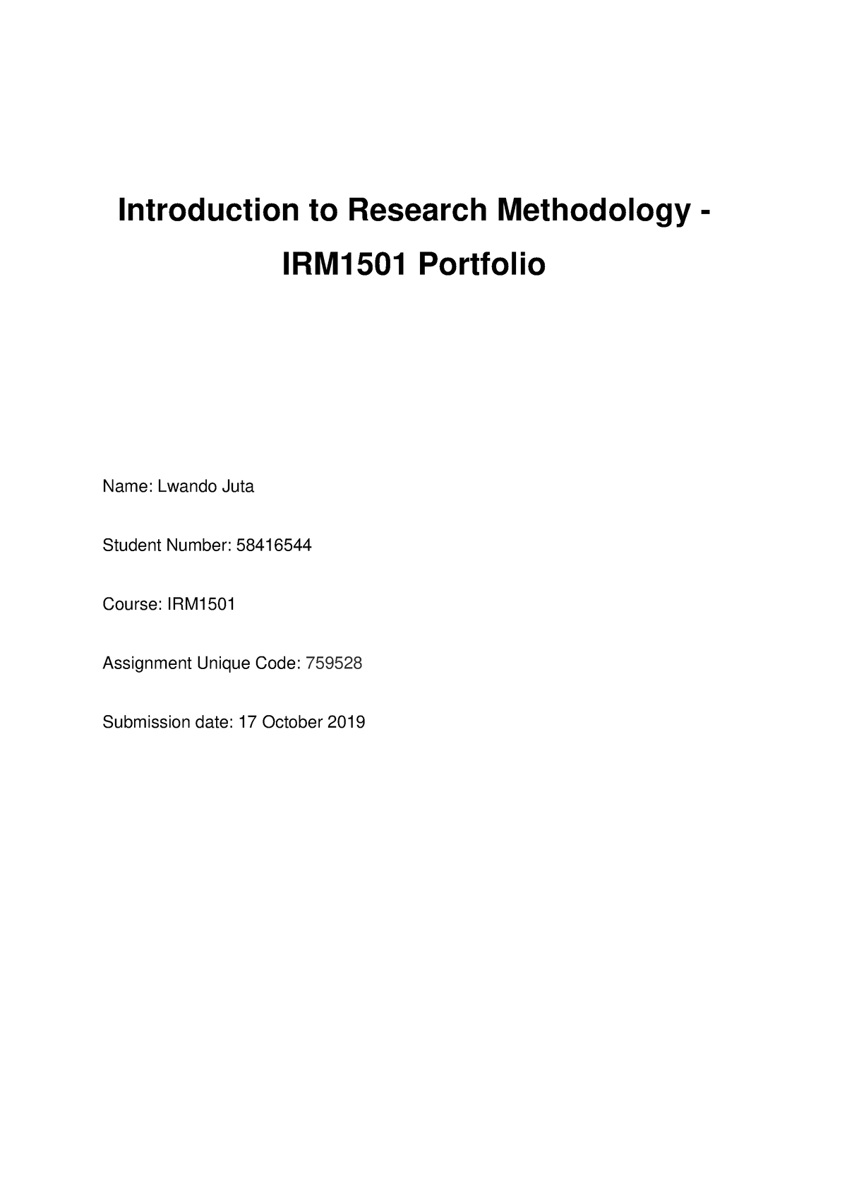 Irm1501 Portfolio Lwando Introduction To Research Methodology Irm1501 Portfolio Name Lwando