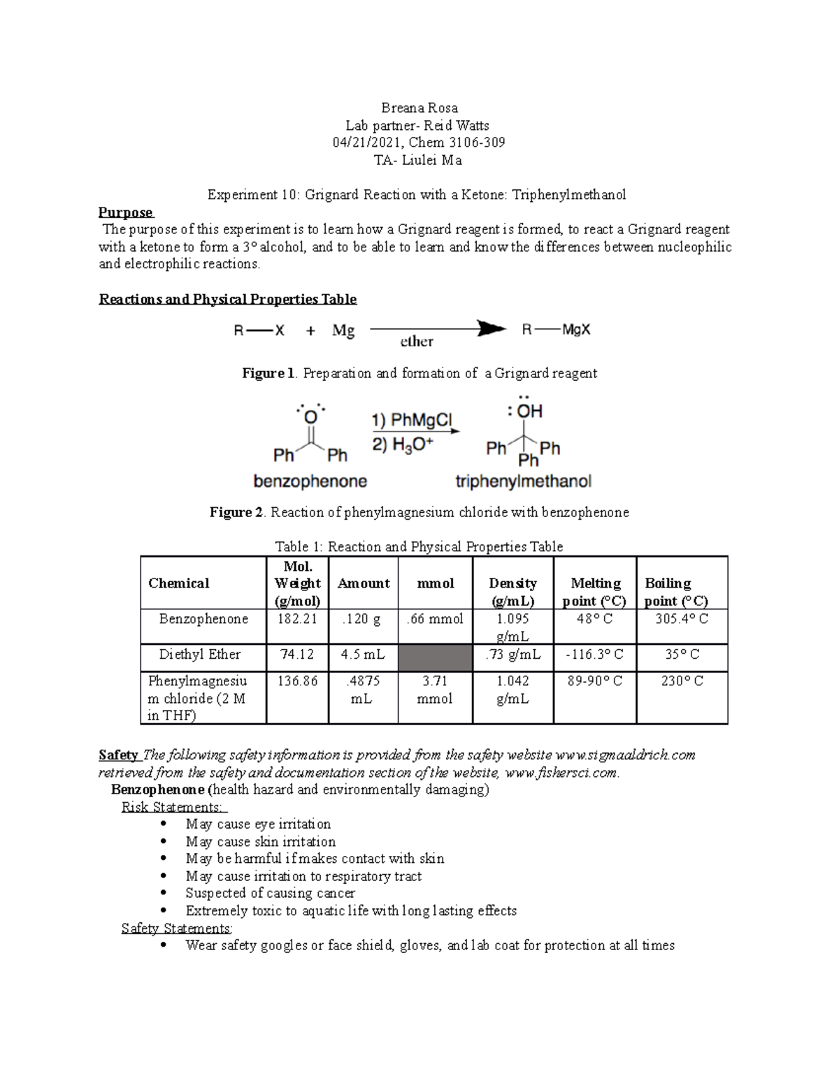 experiment 10 grignard reaction with a ketone triphenylmethanol