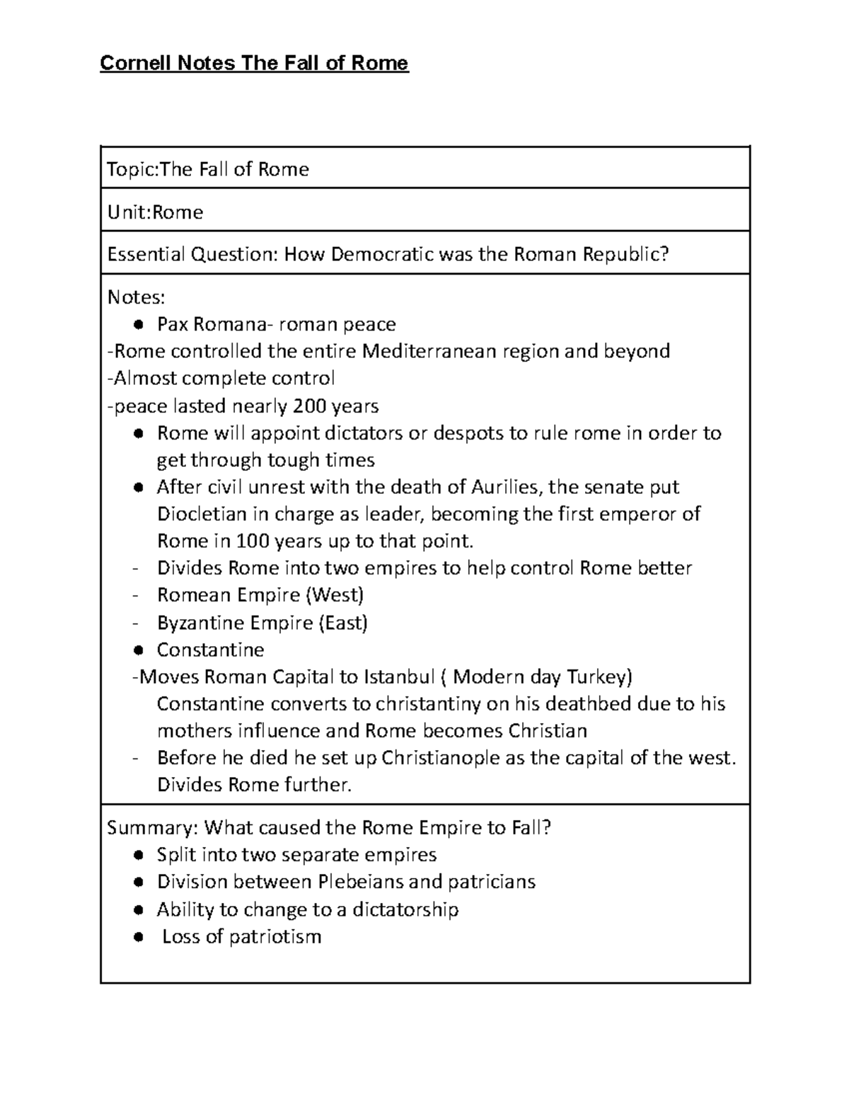 Cornell Notes The Fall of Rome World History - Cornell Notes The Fall ...