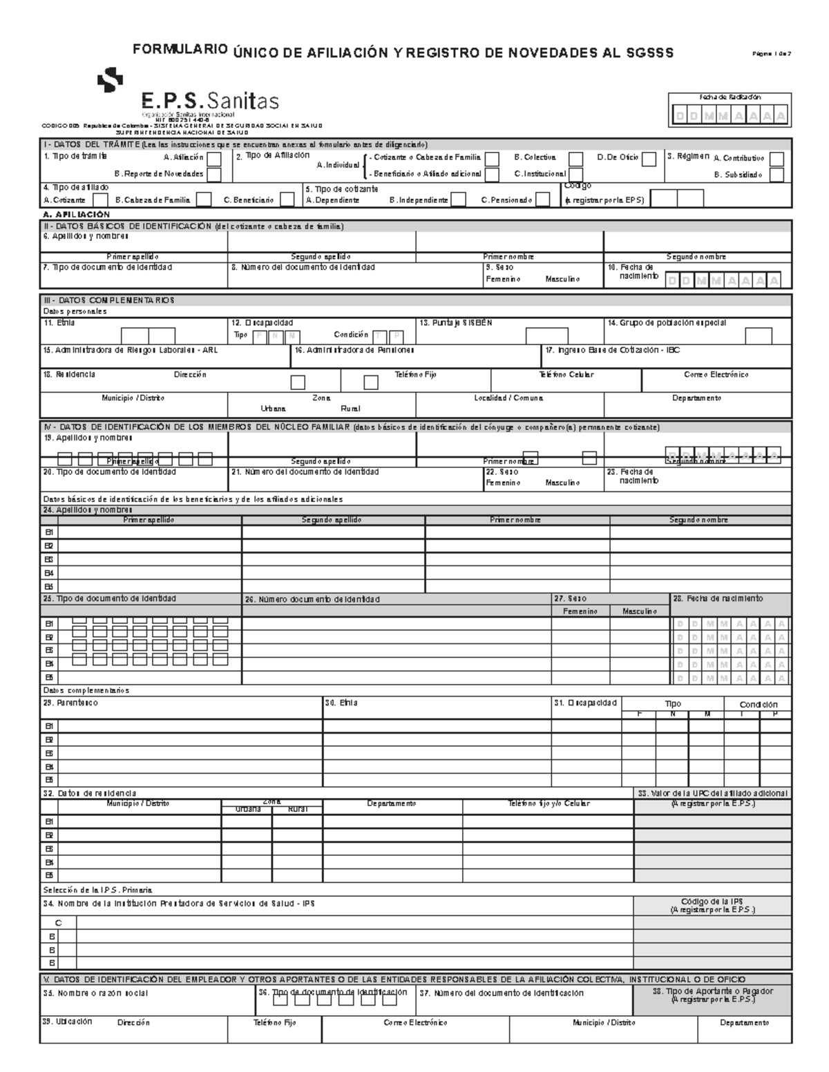 Formulario Unico De Afiliacion EPSSanitas - Fecha De Radicación ...
