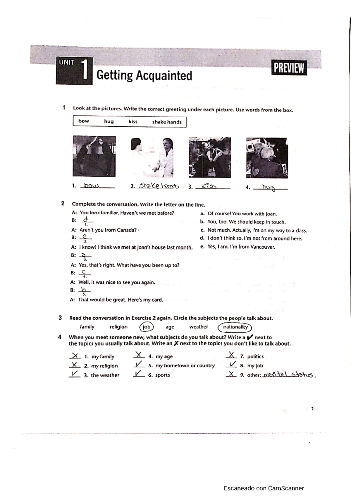 Workbook UNIT 1 (TOP Notch 2) Inglés Studocu