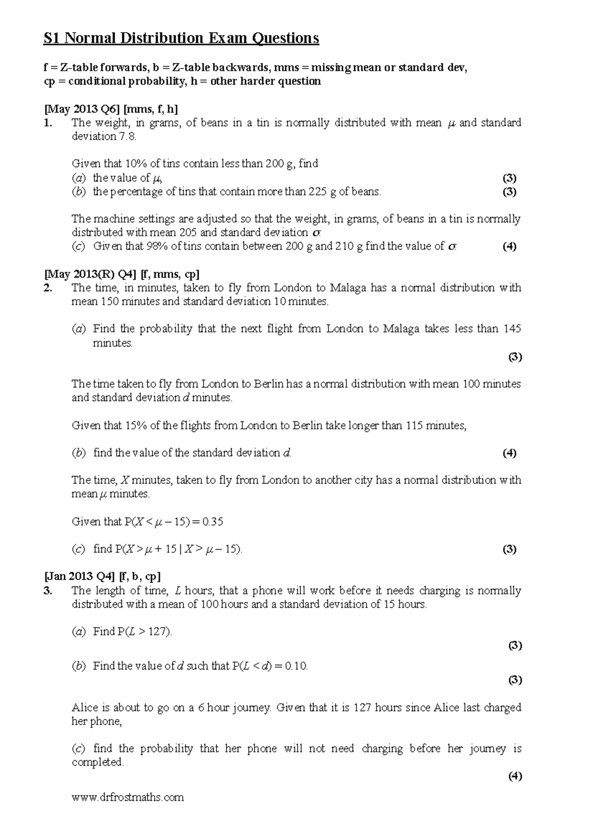 S1Chp9Normal Distribution Exam Questions S1 Normal Distribution Exam Questions f forwards, b