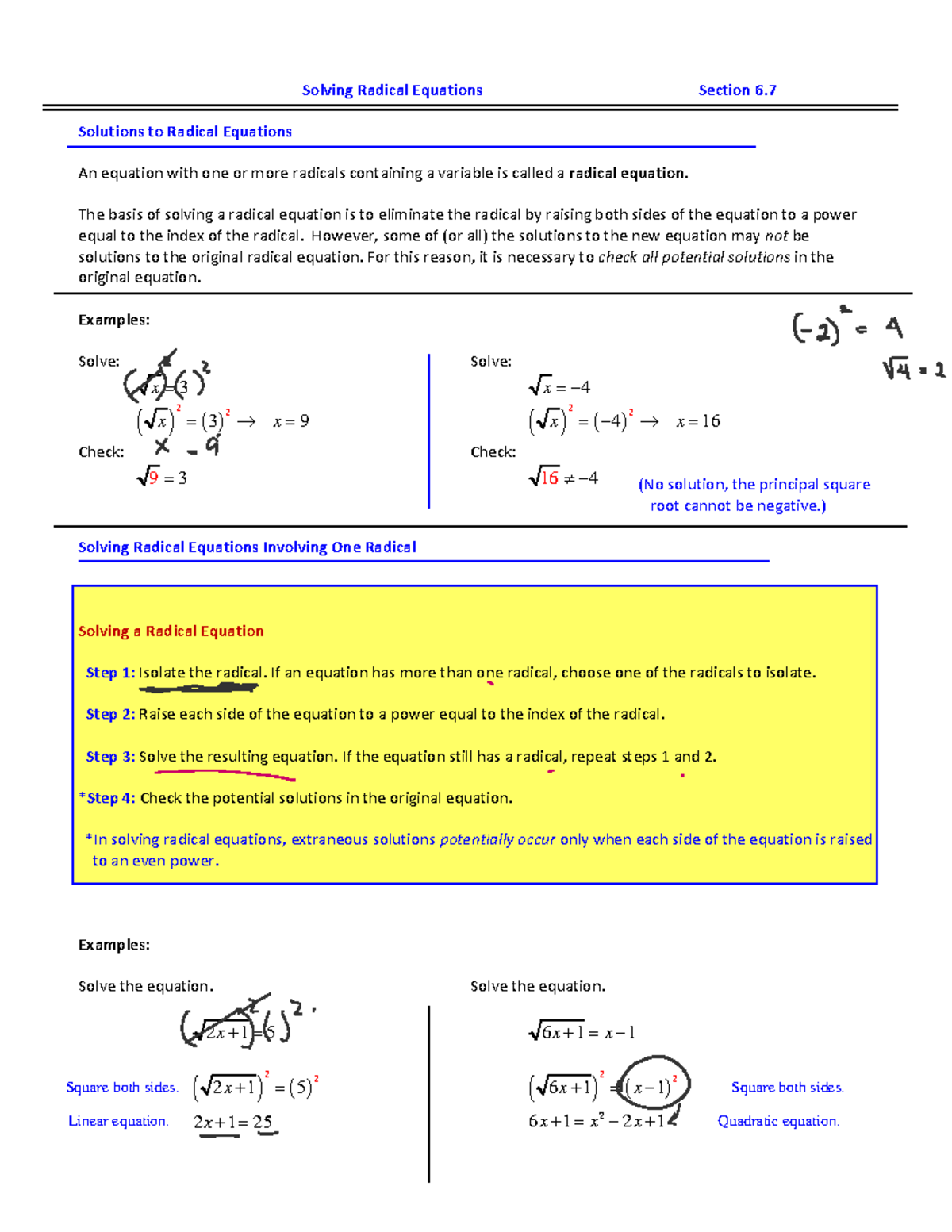 MAT 1033 6 14 2022 6 - Solving Radical Equations Section 6. Solutions ...