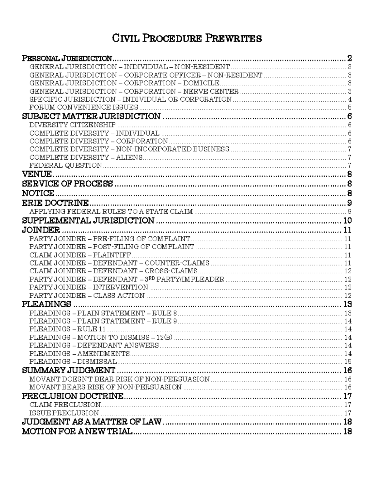 Civ Pro Prewrites for Exams - CIVIL PROCEDURE PREWRITES PERSONAL ...