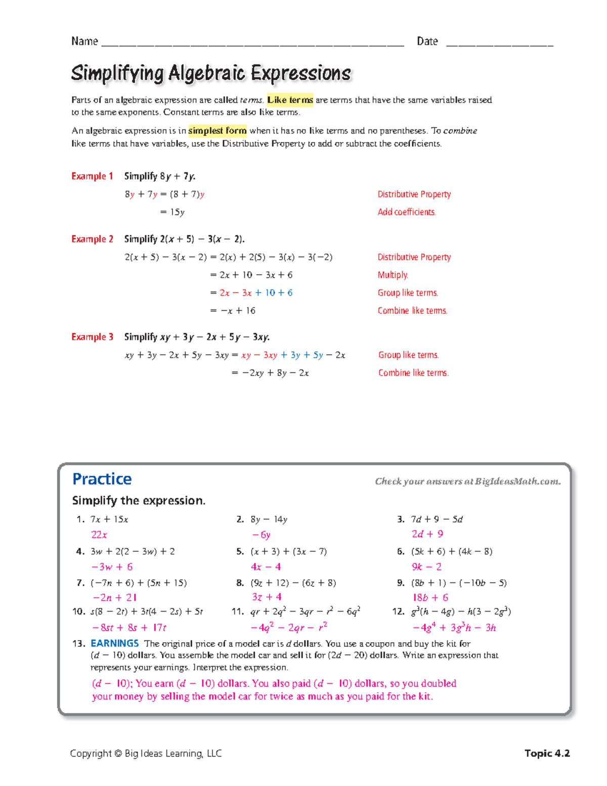 Hscc srh 0402 a - Answer key - Copyright © Big Ideas Learning, LLC ...