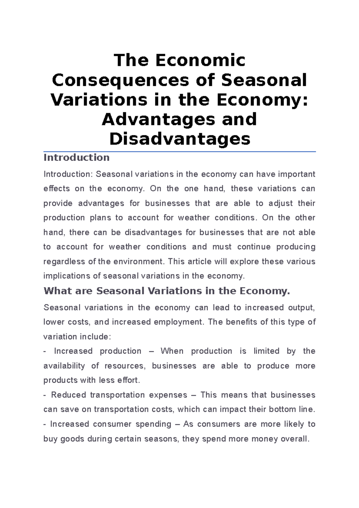 The Economic Consequences of Seasonal Variations in the Economy ...