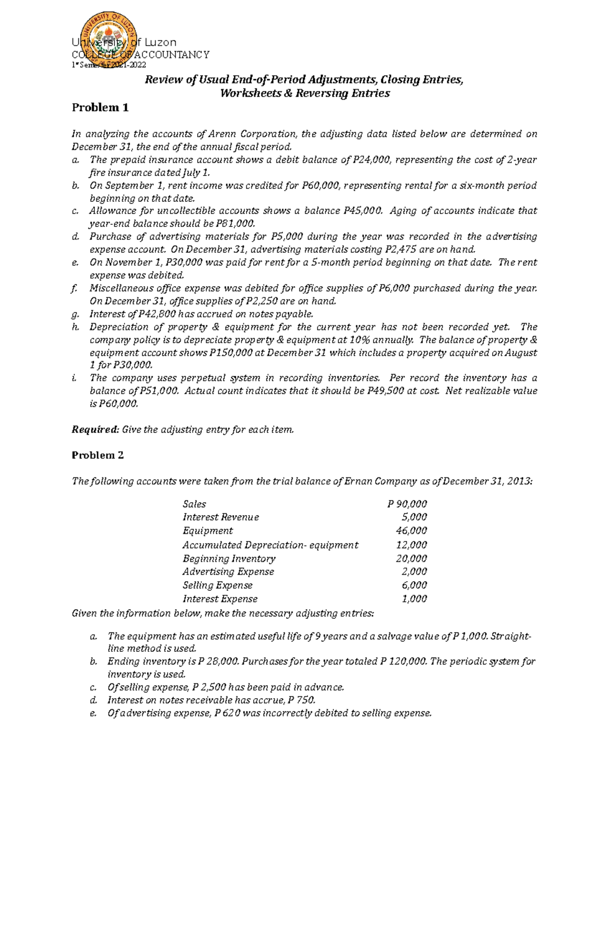 121ACC101 Refresher Adjusting Entries Cost accounting Studocu