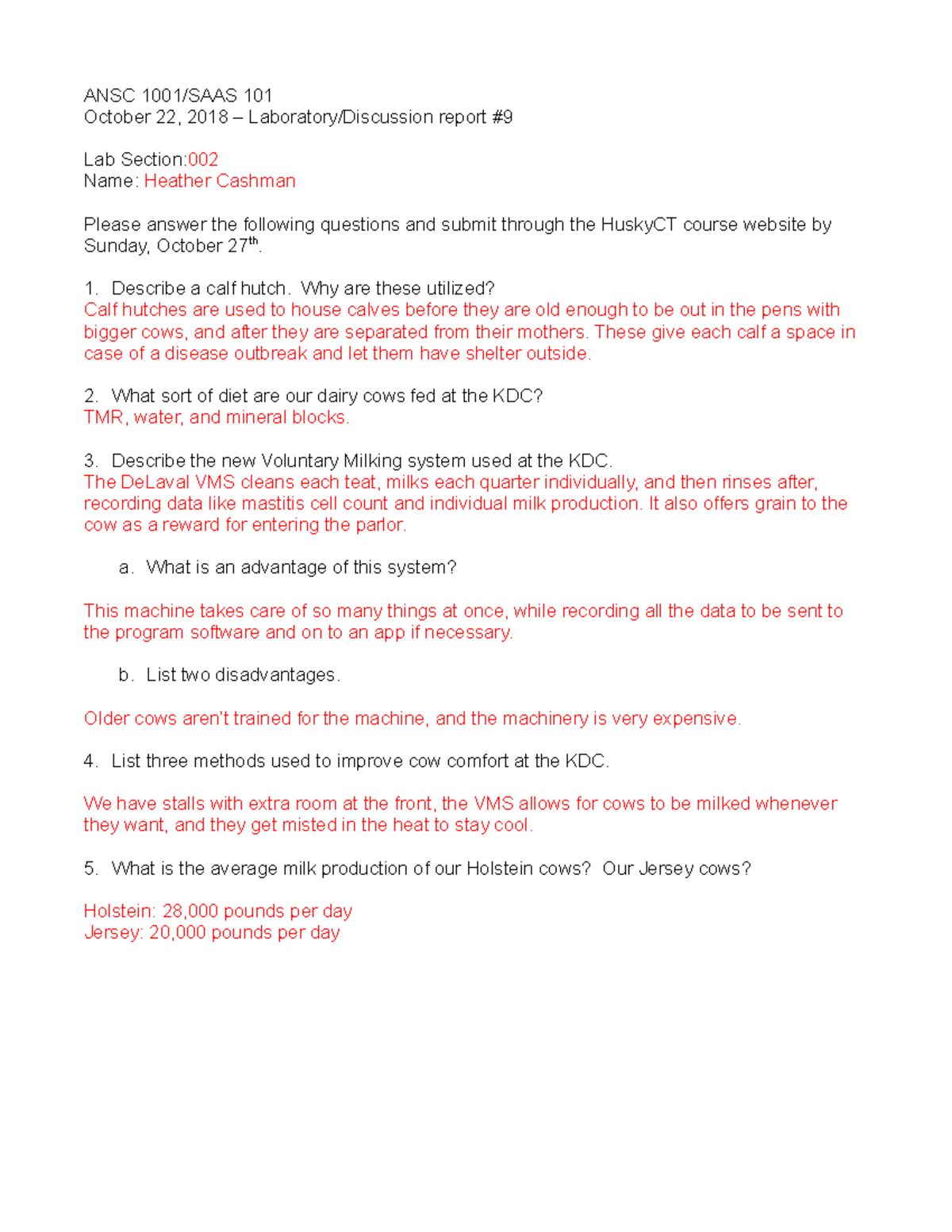 Lab 9 Dairy production Lab questions ANSC 1001/SAAS 101 October 22