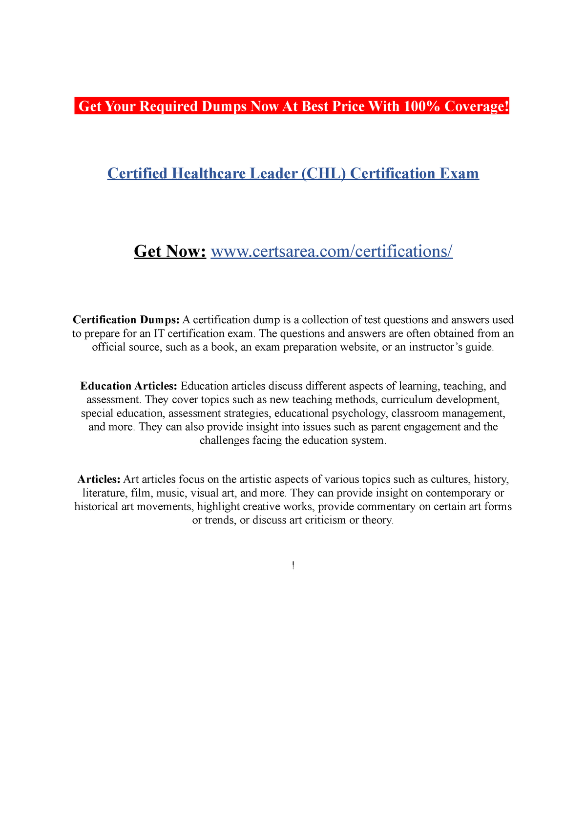Certified Healthcare Leader (CHL) Certification Exam Get Your