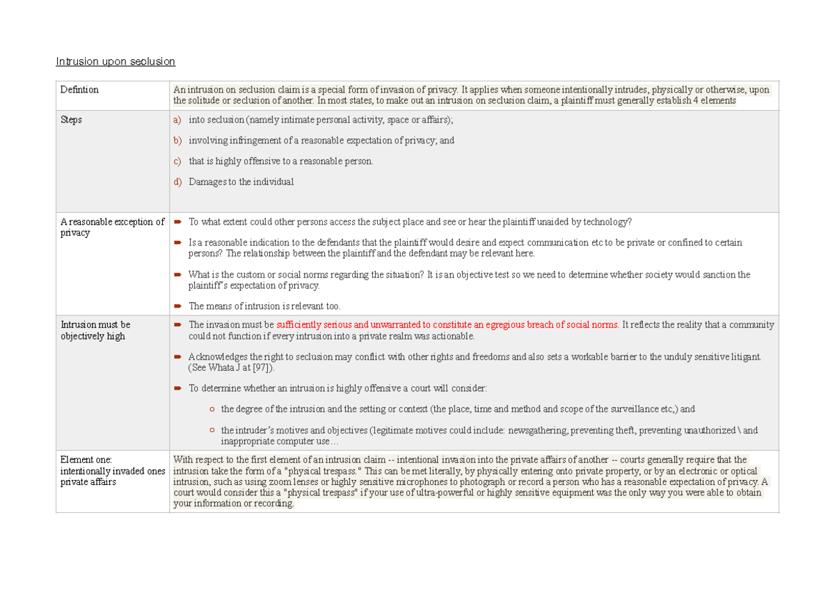 Untitled 16 - Lecture notes - Intrusion upon seclusion Defintion An ...