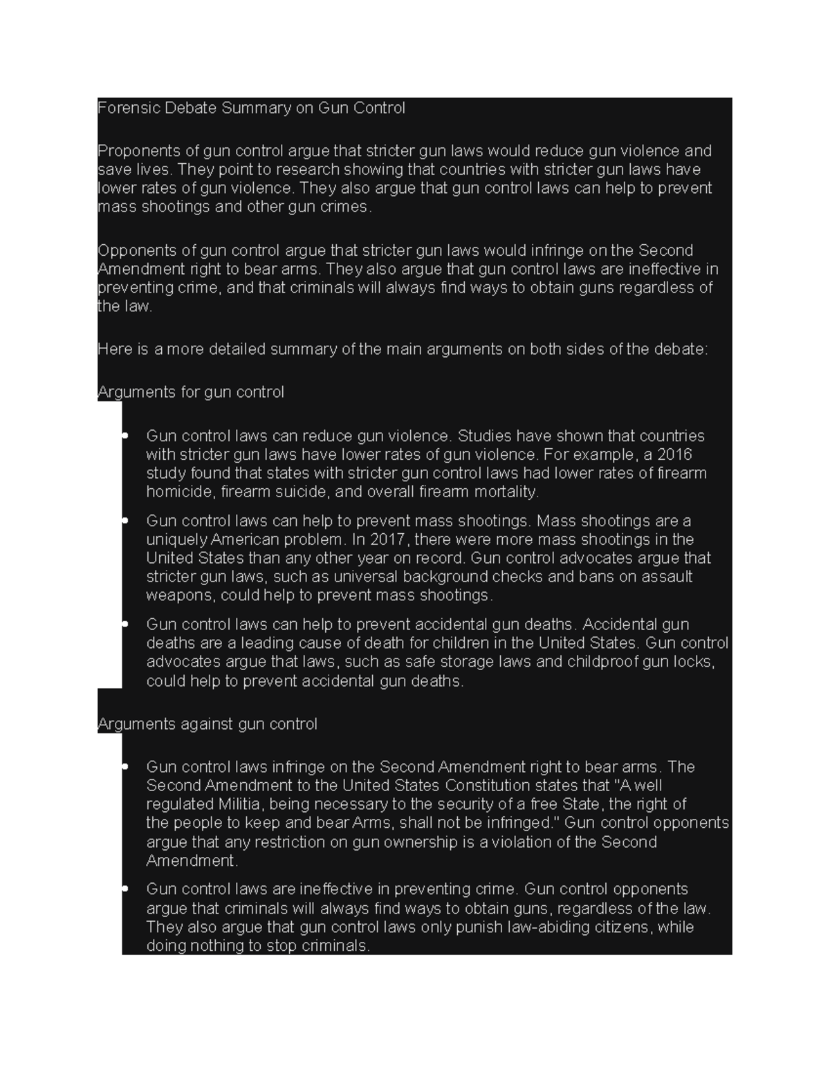 Gun Control Summary Part of Debate team discussion Forensic Debate