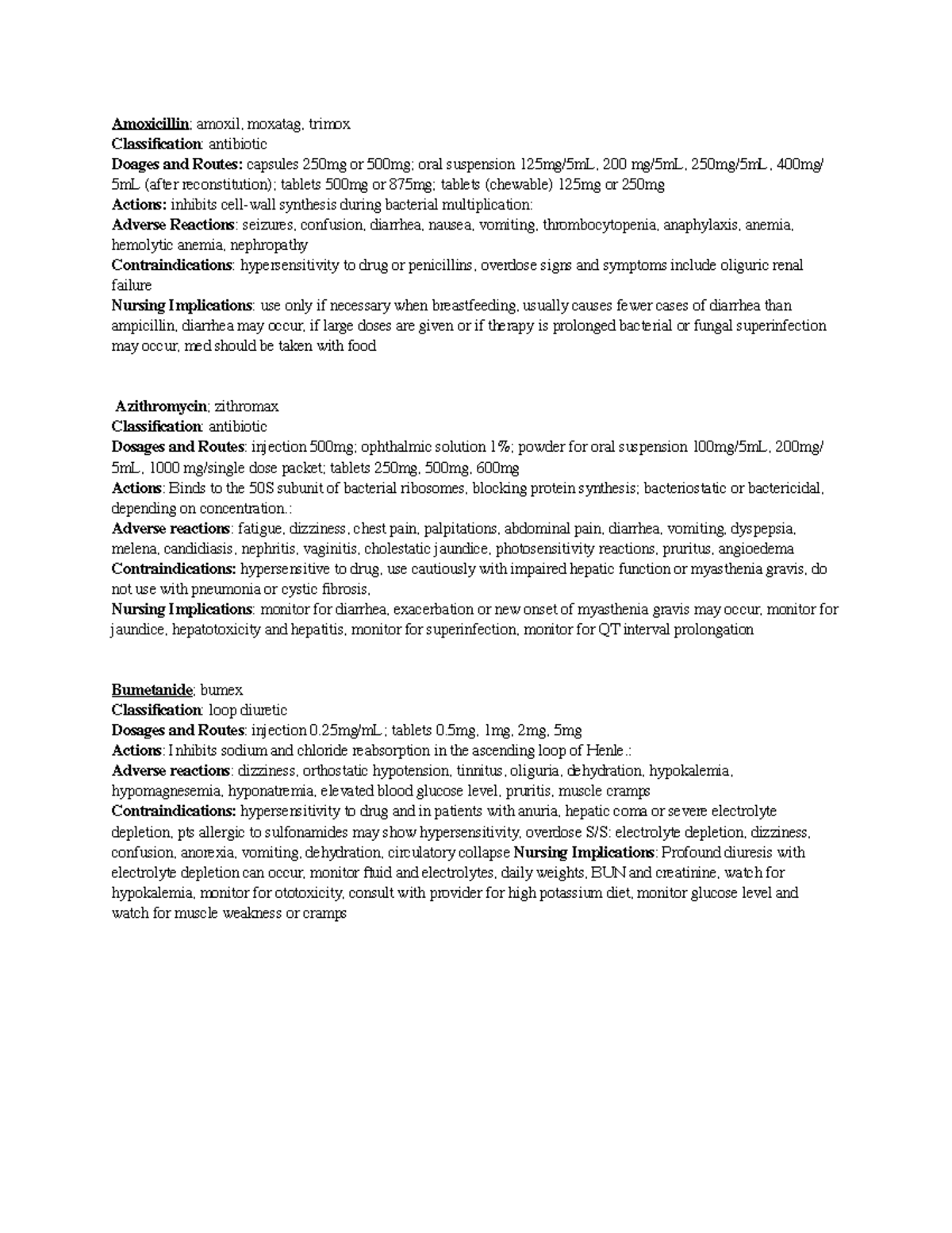 NUR 154 meds practocol meds Amoxicillin; amoxil, moxatag, trimox