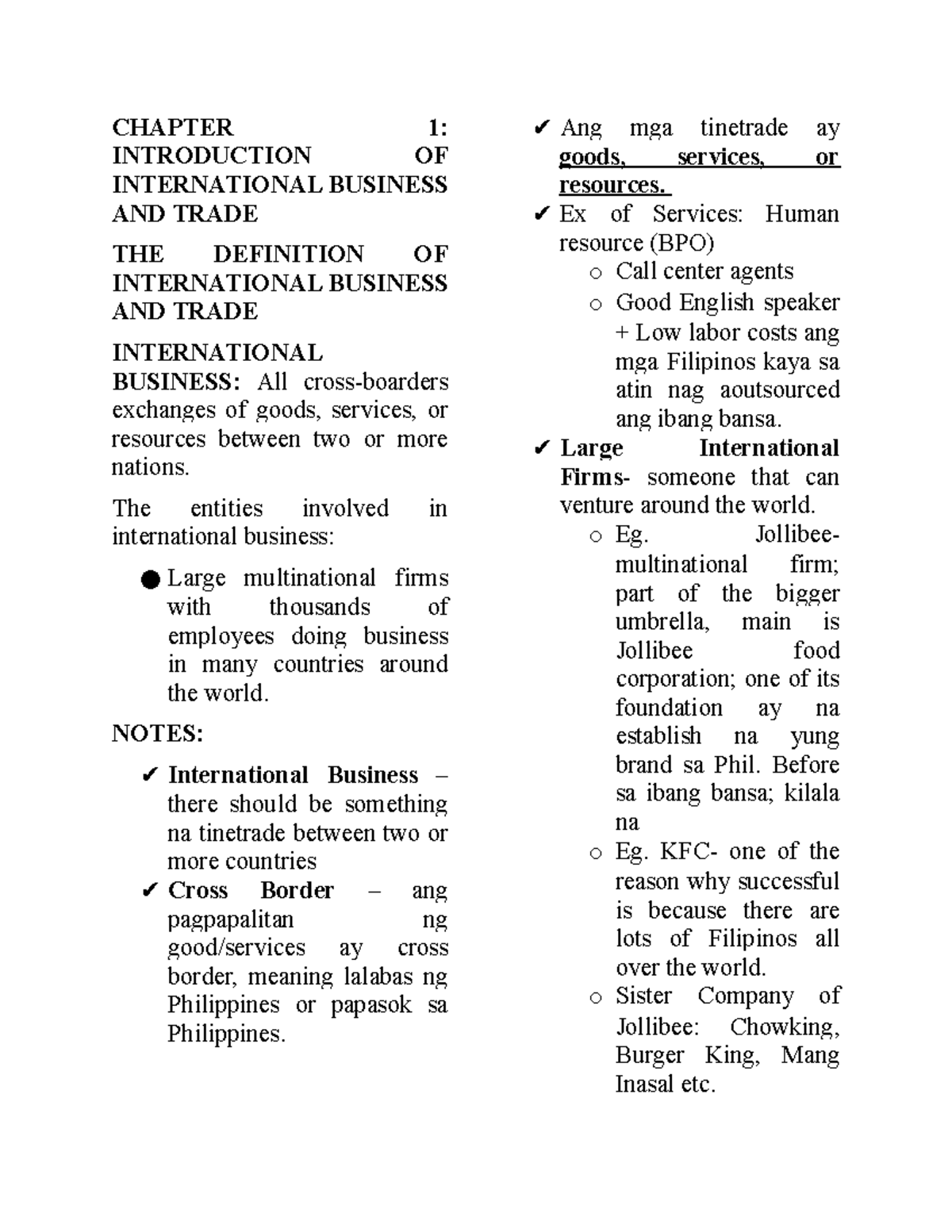 Bbbbb - notes - CHAPTER 1: INTRODUCTION OF INTERNATIONAL BUSINESS AND ...