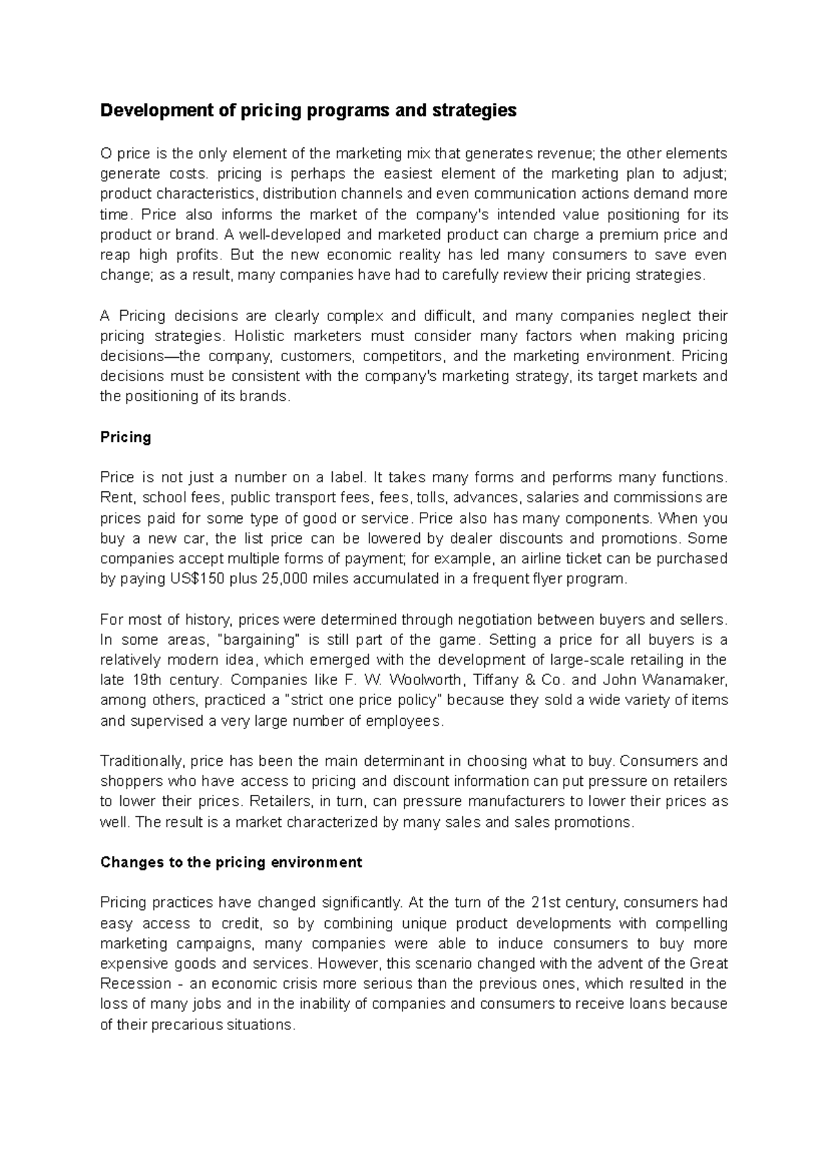 Pricing strategy programs. - Development of pricing programs and ...