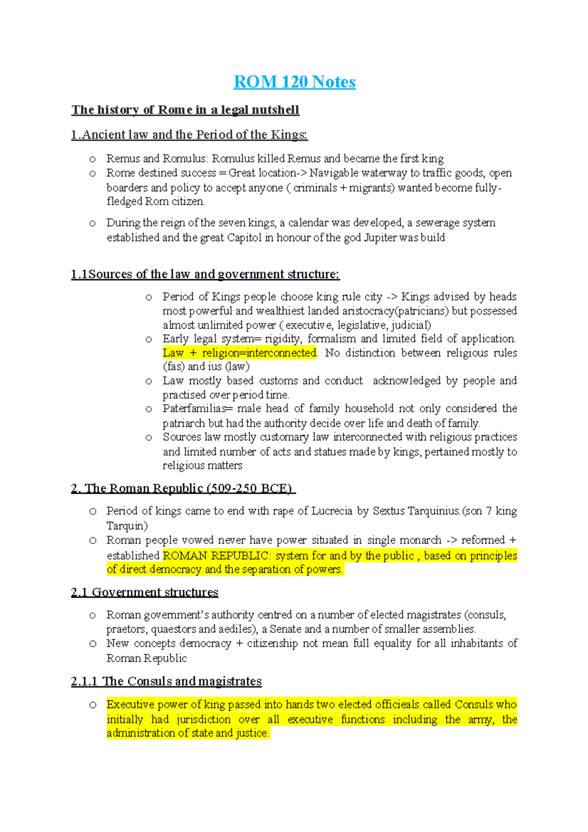 ROM 120 Notes ROM 120 Notes The history of Rome in a legal nutshell 1